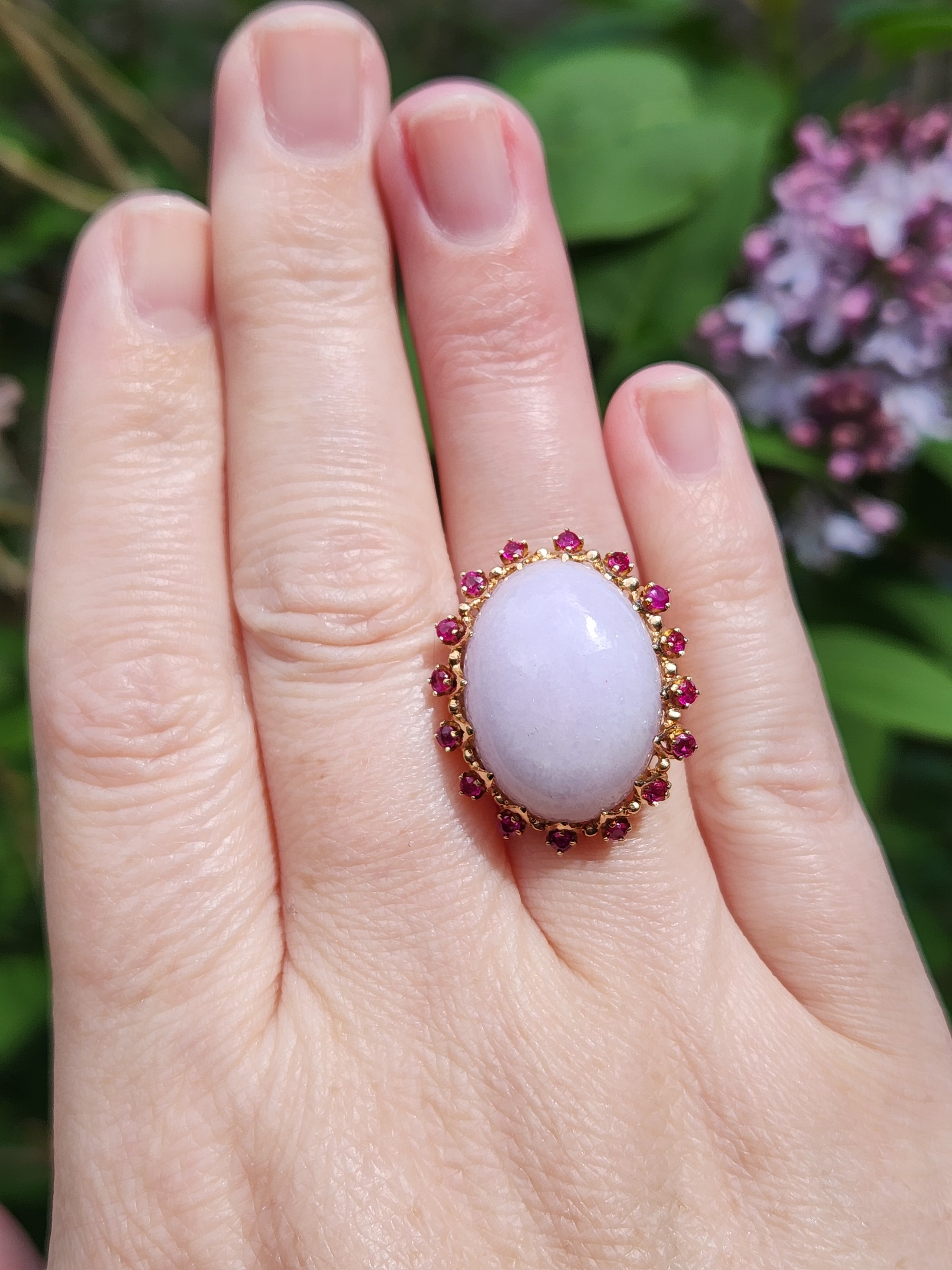 Dazzling Ruby and Natural Lavender Jade Cocktail Ring in 14k Yellow Gold