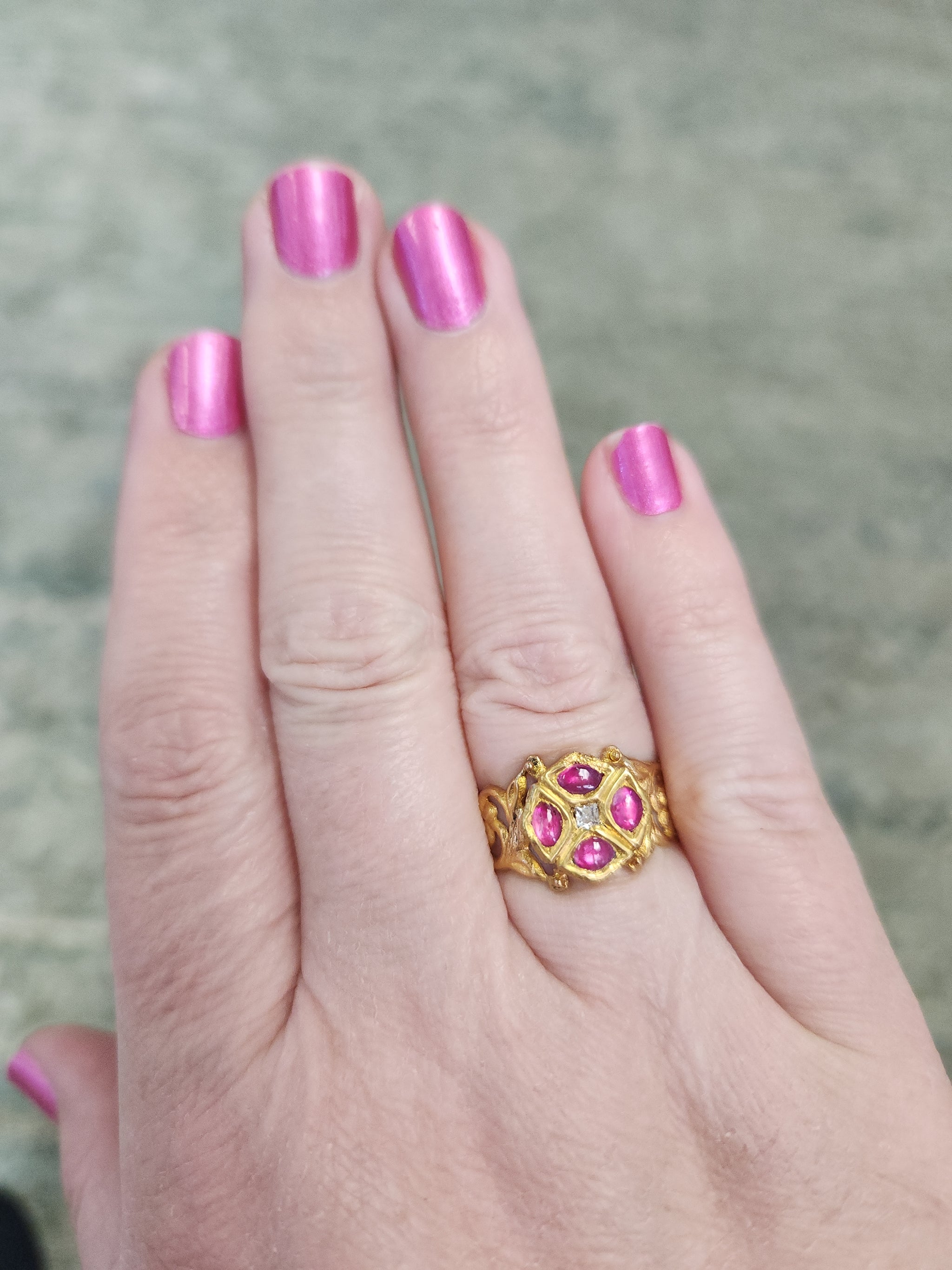 Ruby and Rose Cut Diamond Floral Scroll Band Ring in 22k Yellow Gold