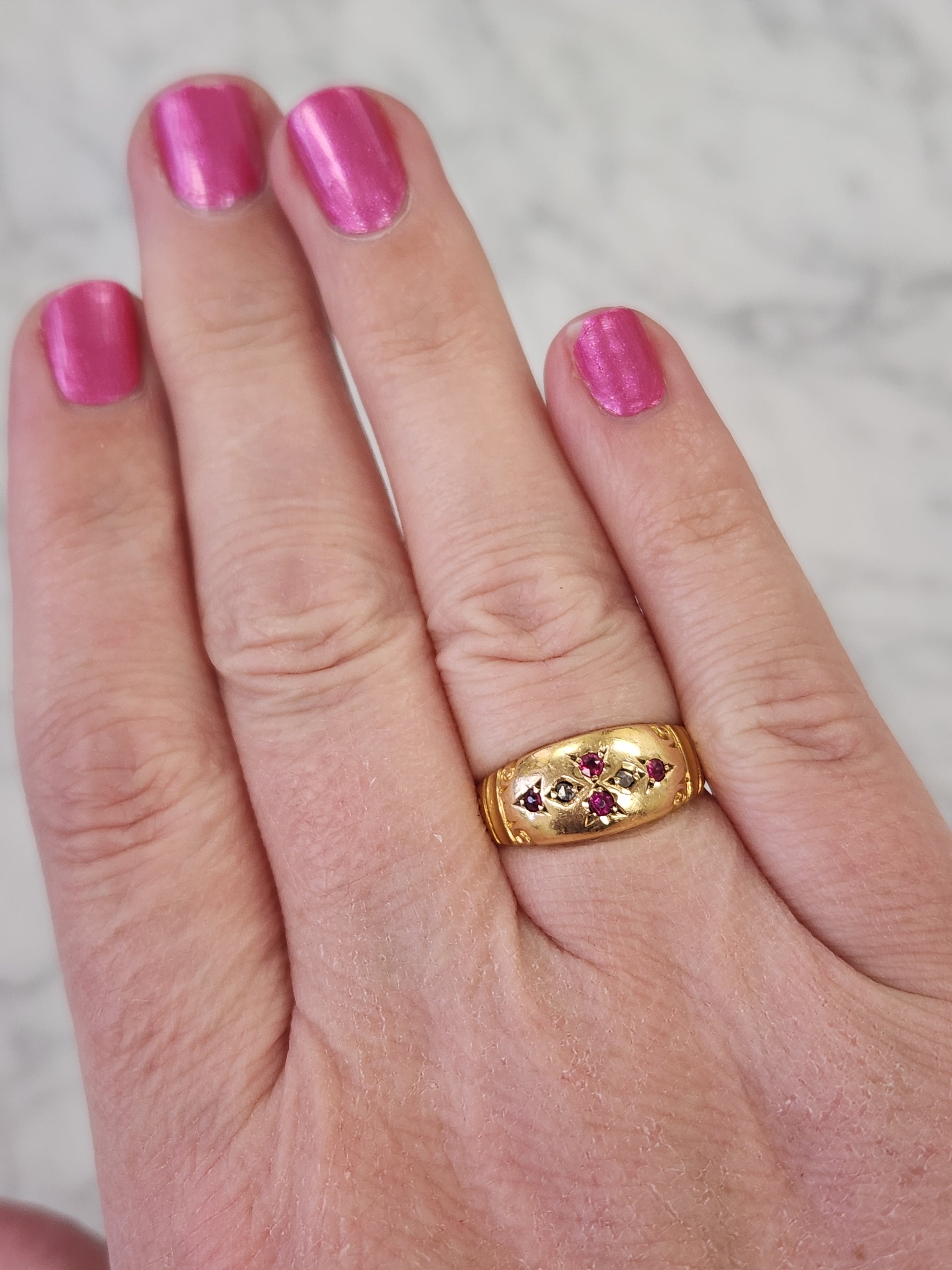 Antique Victorian Ruby and Rose Cut Diamond Band Ring in 18k Yellow Gold