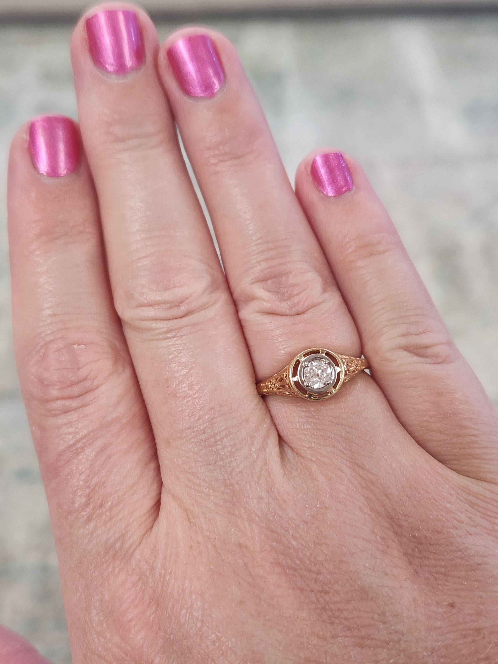 Art Deco Old MineCut Diamond Solitaire in 14k White and Yellow Gold