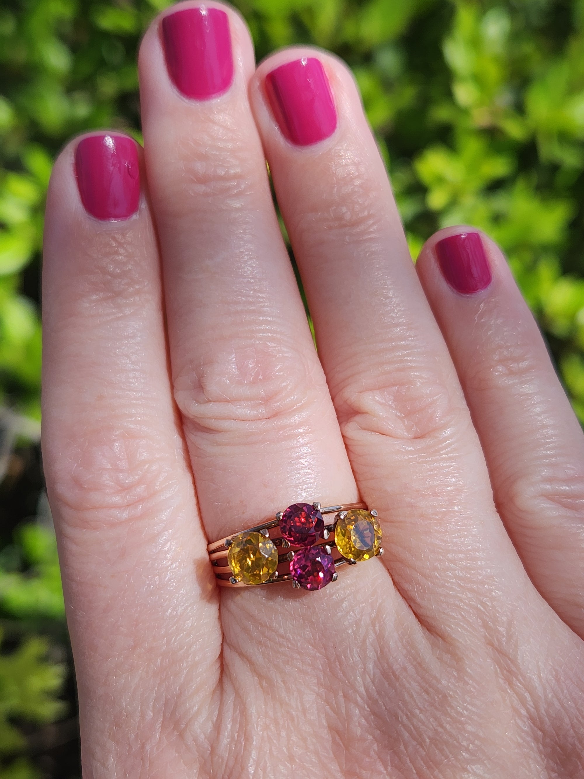 Vintage Rhodolite Garnet and Citrine Band Ring in 14k Rose Gold