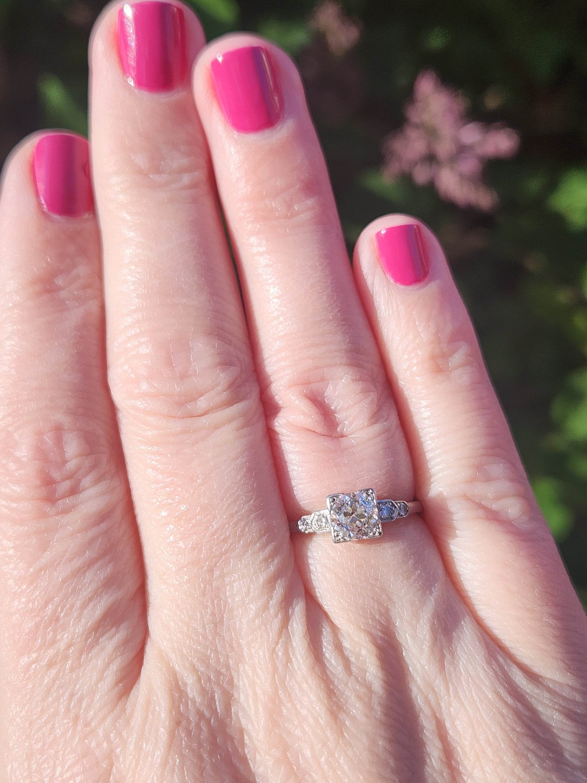 Art Deco Old European Cut Diamond Low Profile Engagement Ring in Platinum