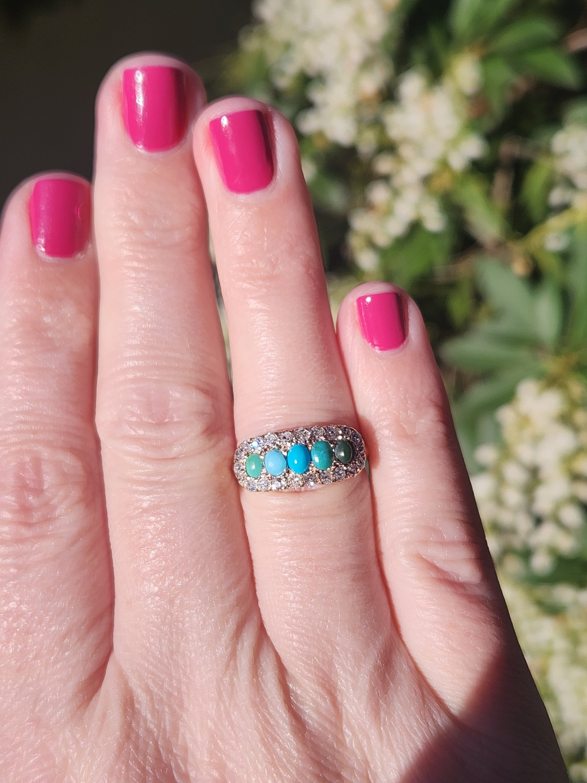 Victorian Shades of Turquoise and Old Cut Diamond Band Ring in 14k Yellow Gold