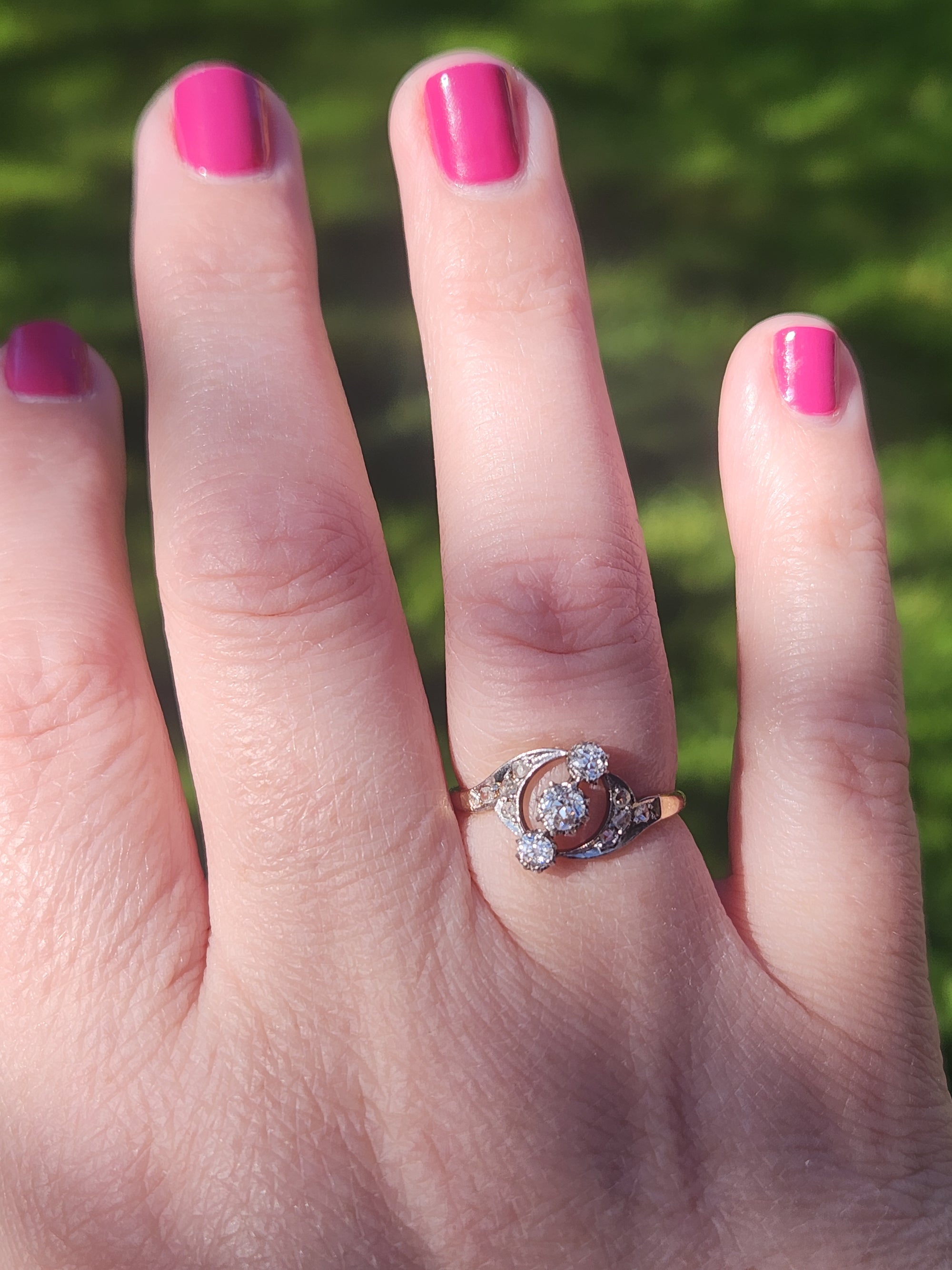 Edwardian Three Stone Old European and Rose Cut Diamond Ring in 18k White and Yellow Gold