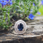 Handcrafted 2.47ctw Natural Blue Sapphire and Double Diamond Halo Ring 14k Size 7