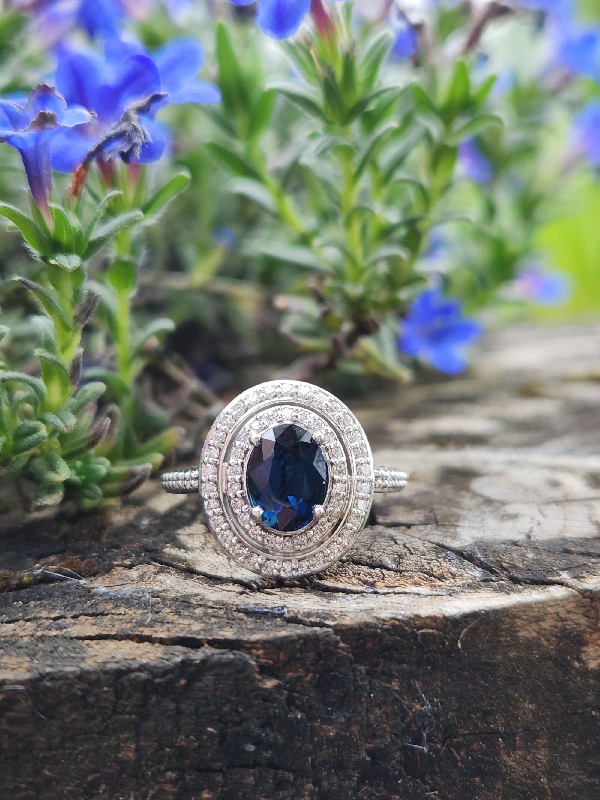 Handcrafted 2.47ctw Natural Blue Sapphire and Double Diamond Halo Ring 14k Size 7