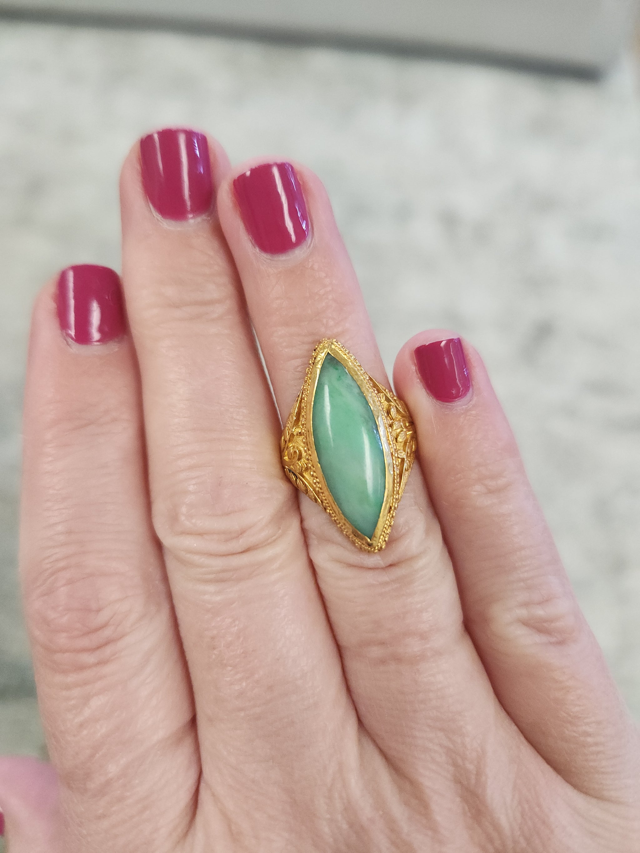 Vintage Marquise Jadeite Jade Bezel Set Engraved Ring in 22k Yellow Gold
