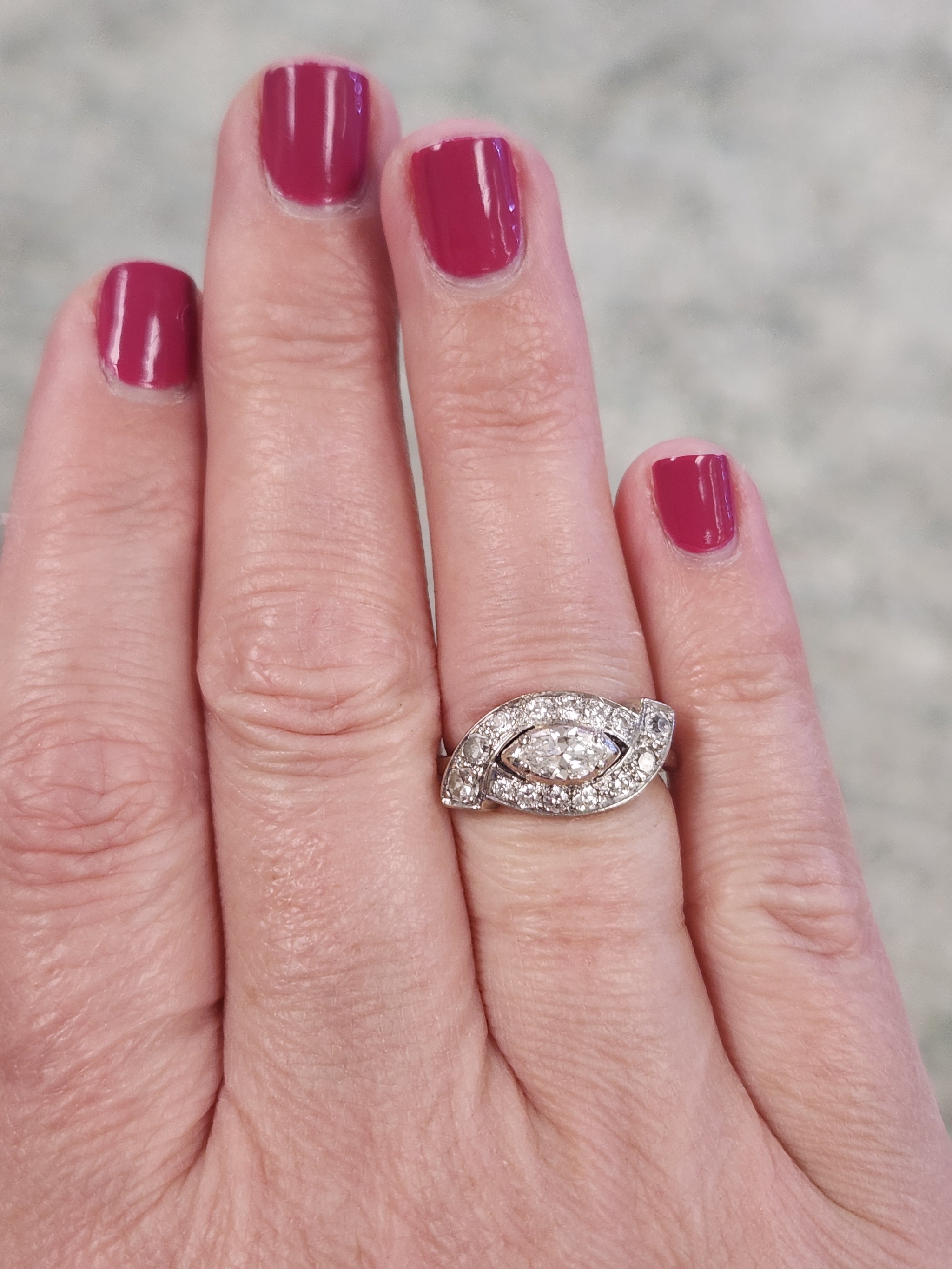 Vintage Marquise Cut Diamond East West Cross Over Ring in 14k White Gold