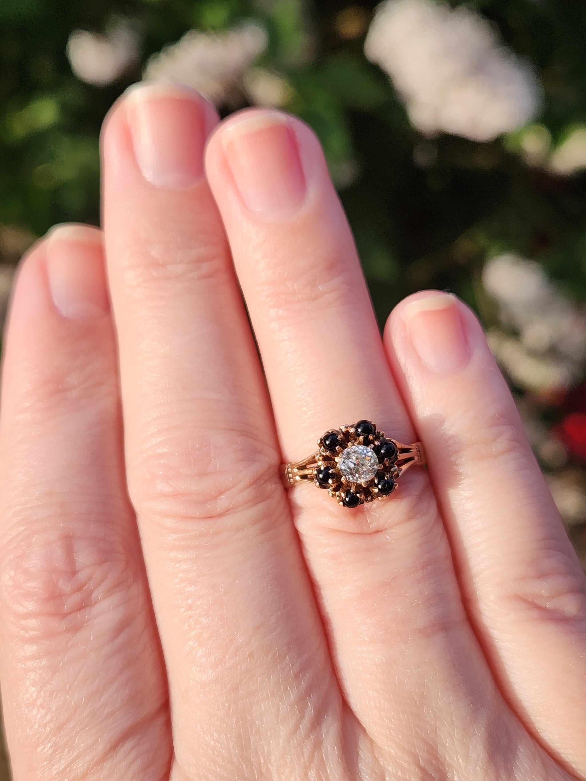 Victorian Old Mine Cut Diamond and Garnet Flower Engagement Ring in 14k Rose Gold