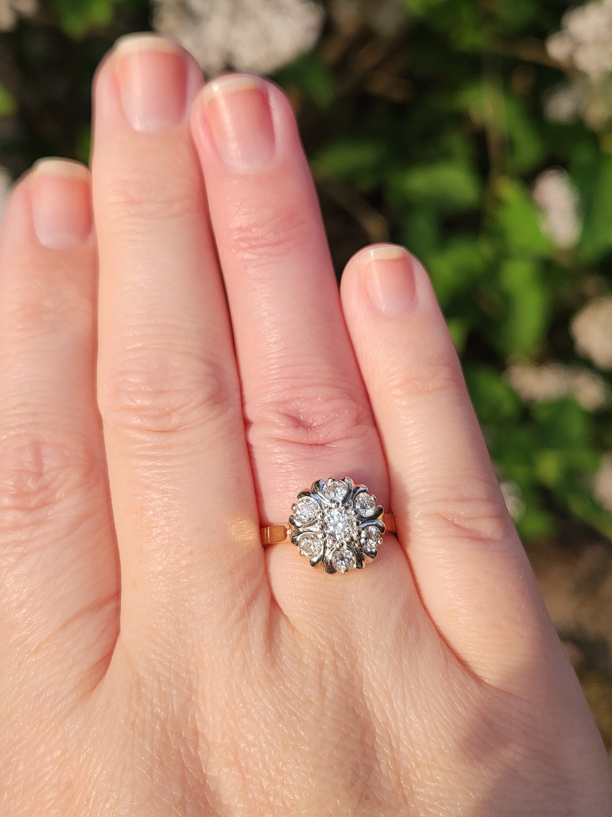 Vintage Old European Cut Diamond Daisy Cluster Ring in 14k White and Yellow Gold