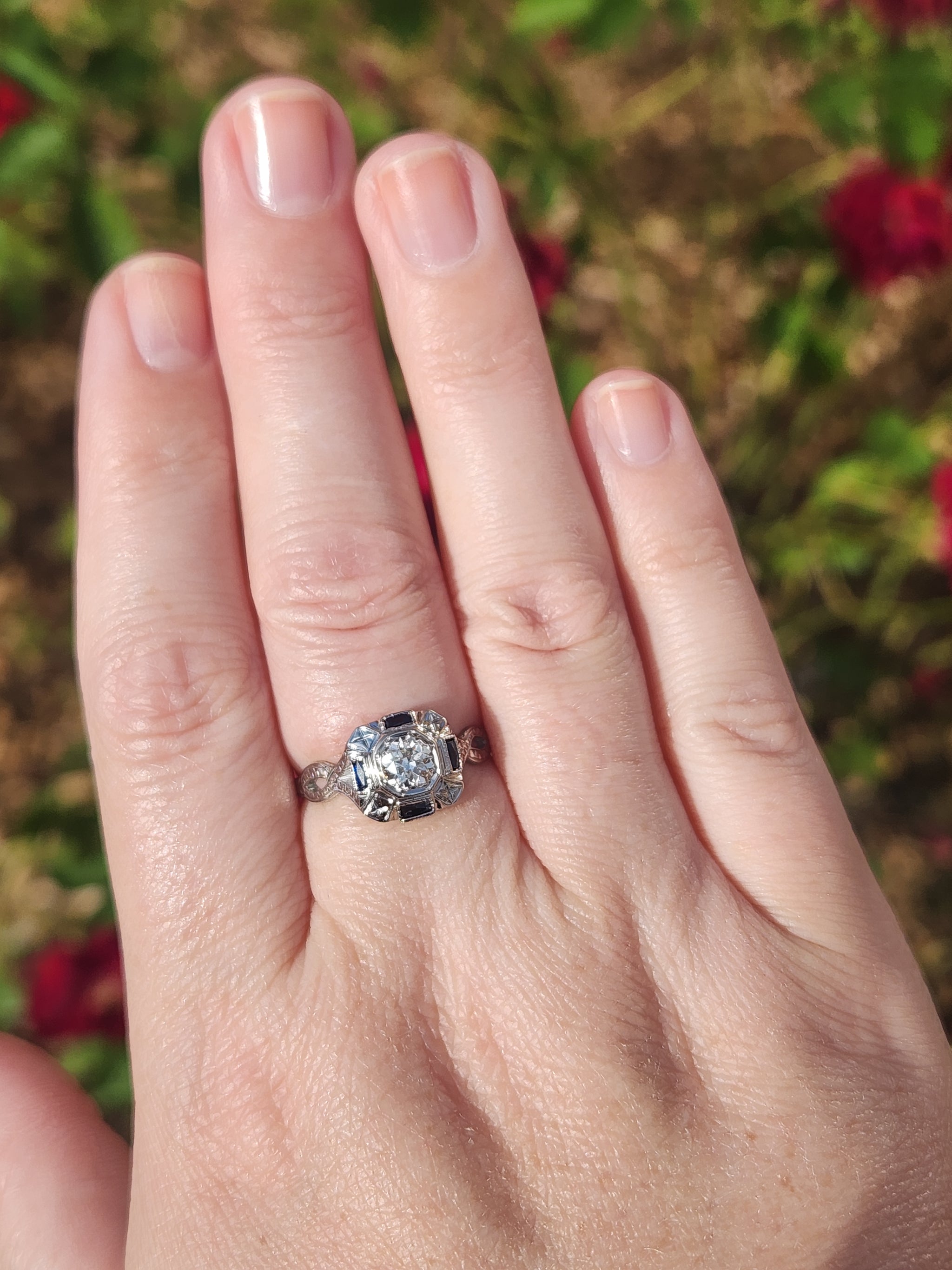 Art Deco Sapphire and Old European Cut Diamond Engagement Ring in 18k White Gold