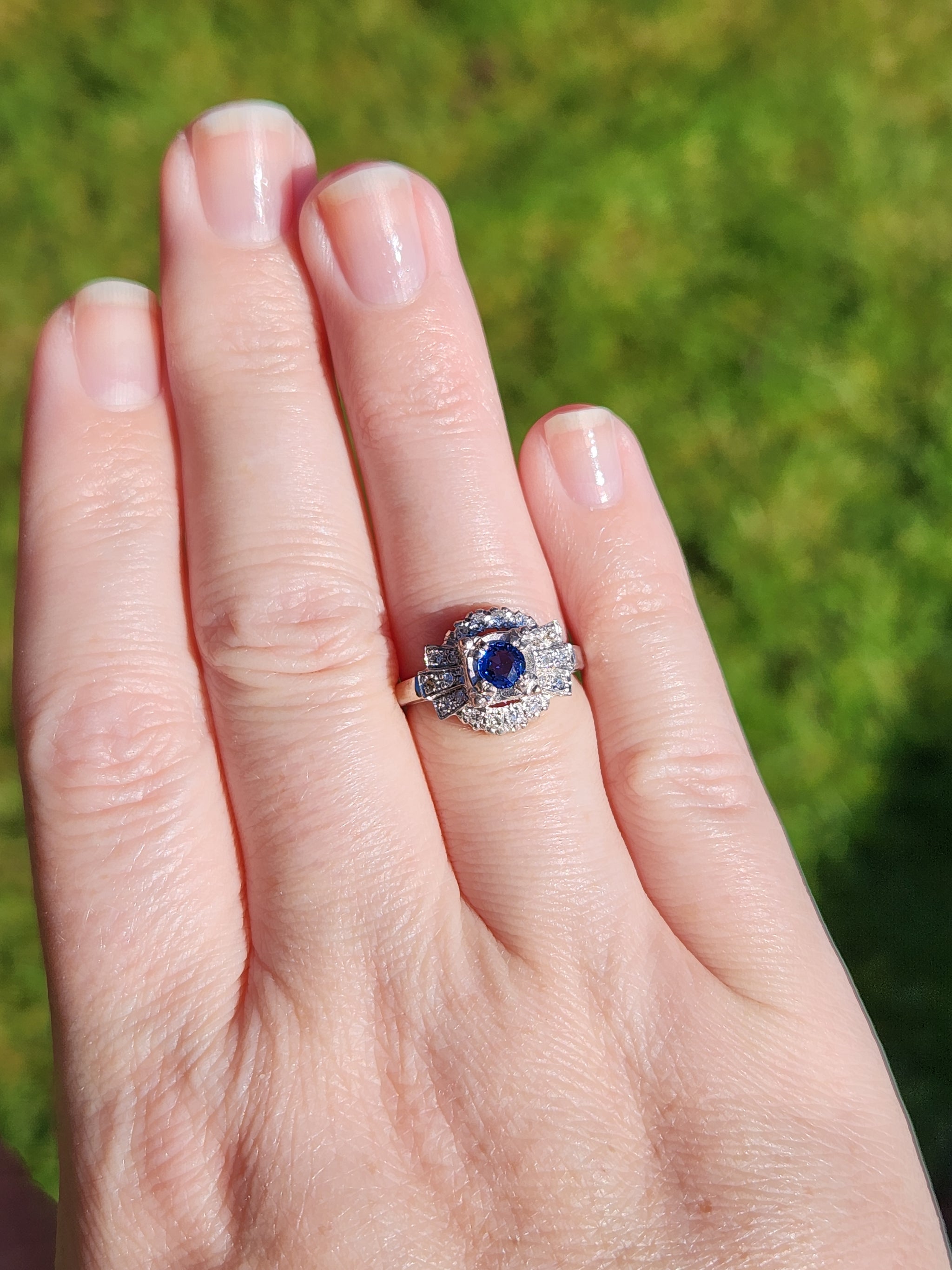 Art Deco Yogo Montana Sapphire and Diamond Ring in 14k White Gold