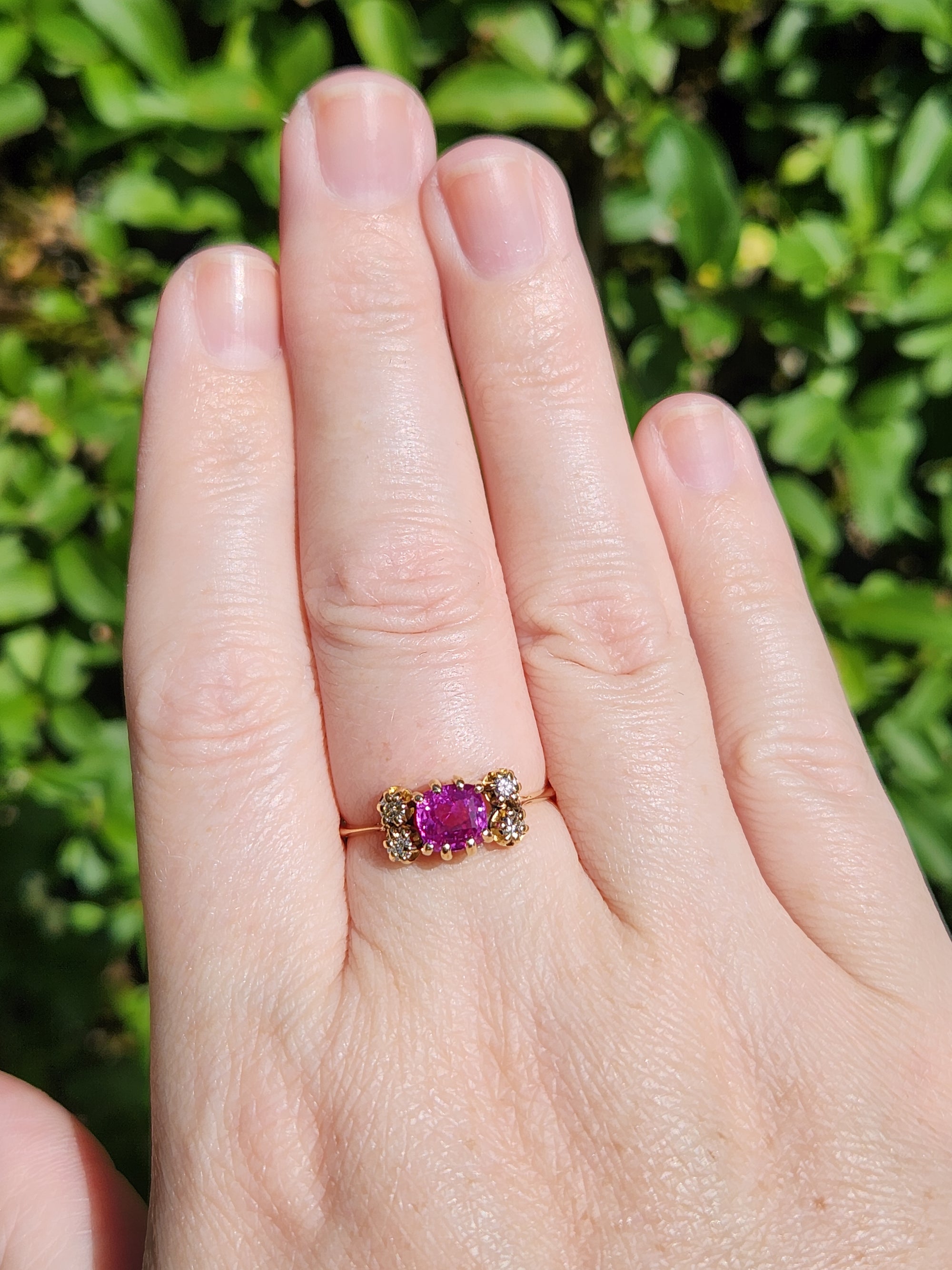 Lovely Vintage Purple Pink Sapphire and Diamond Ring in 14k Yellow Gold