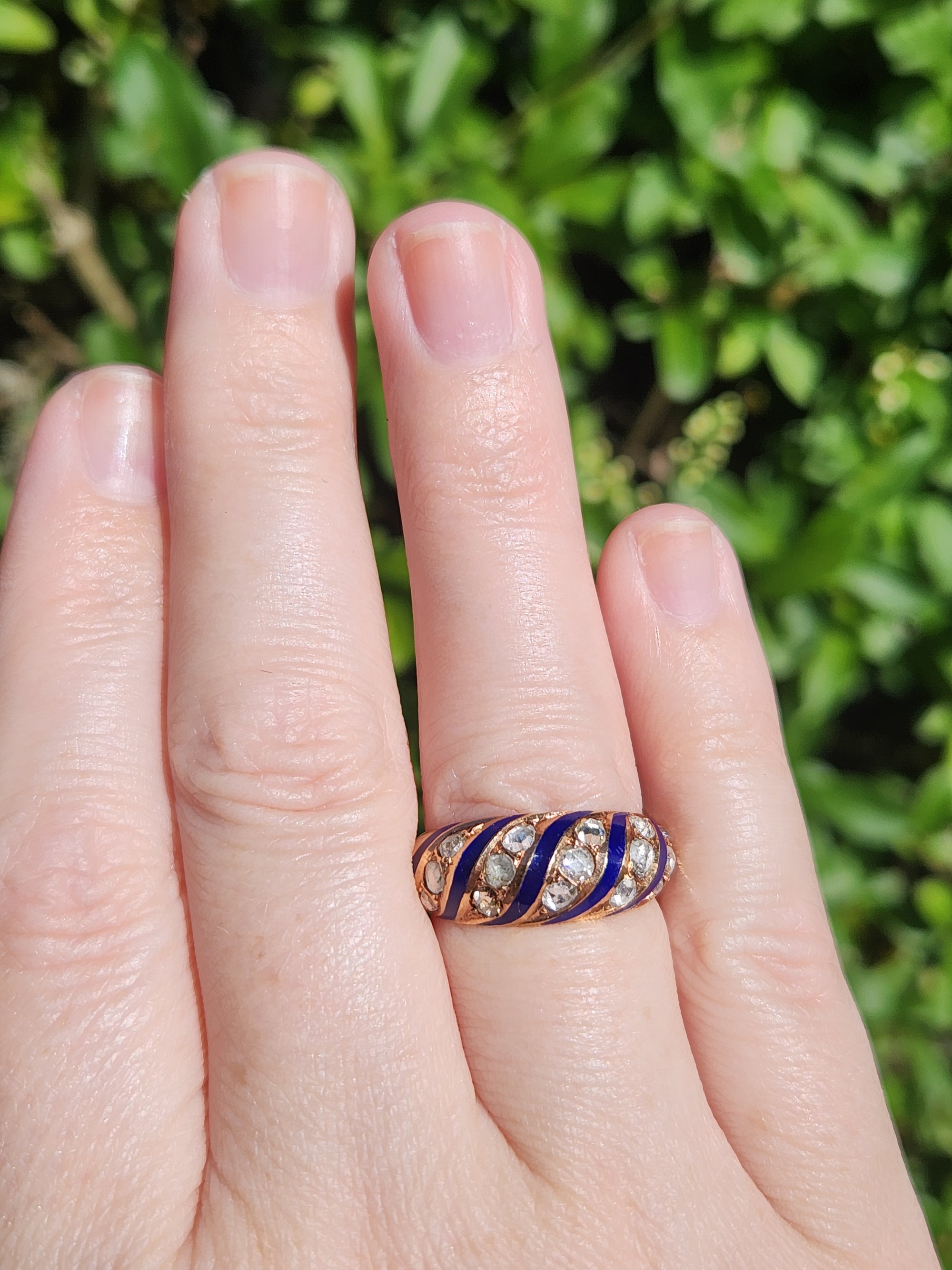 Antique Rose Cut Diamond and Royal Blue Enamel Domed Ring in 14k Rose Gold