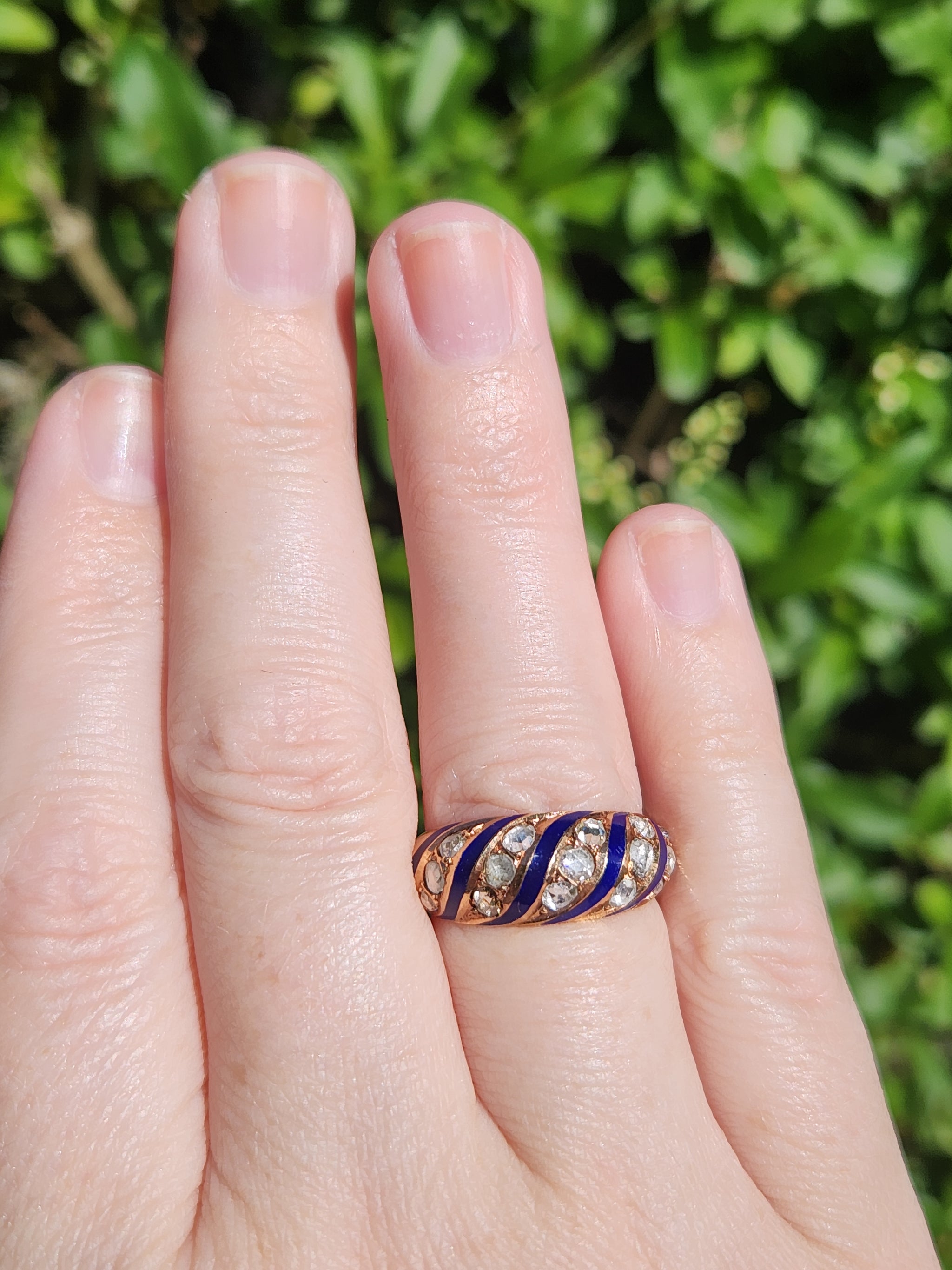 Antique Rose Cut Diamond and Royal Blue Enamel Domed Ring in 14k Rose Gold