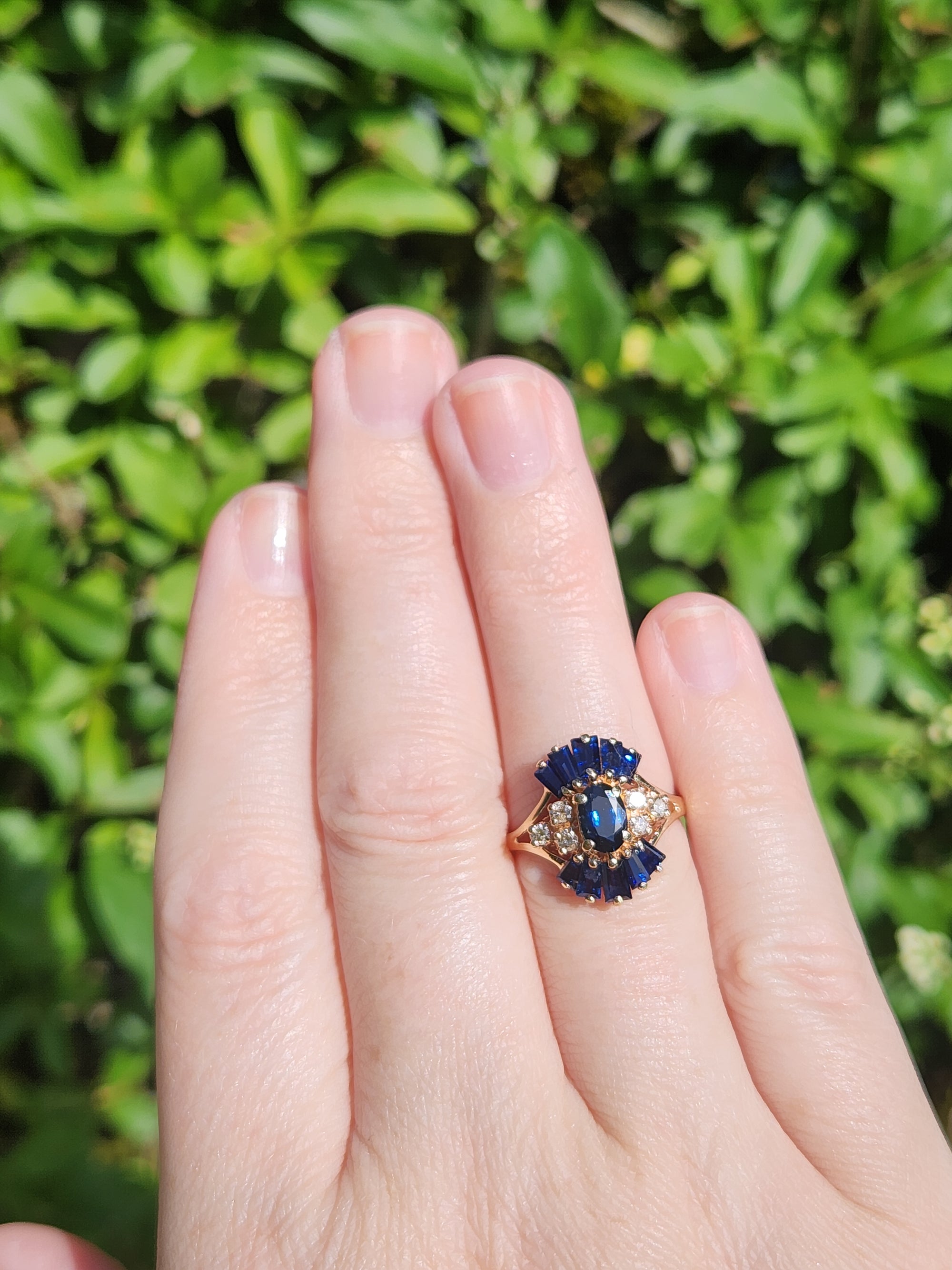 Art Deco Inspired Blue Sapphire and Diamond Cluster Ring in 14k Yellow Gold