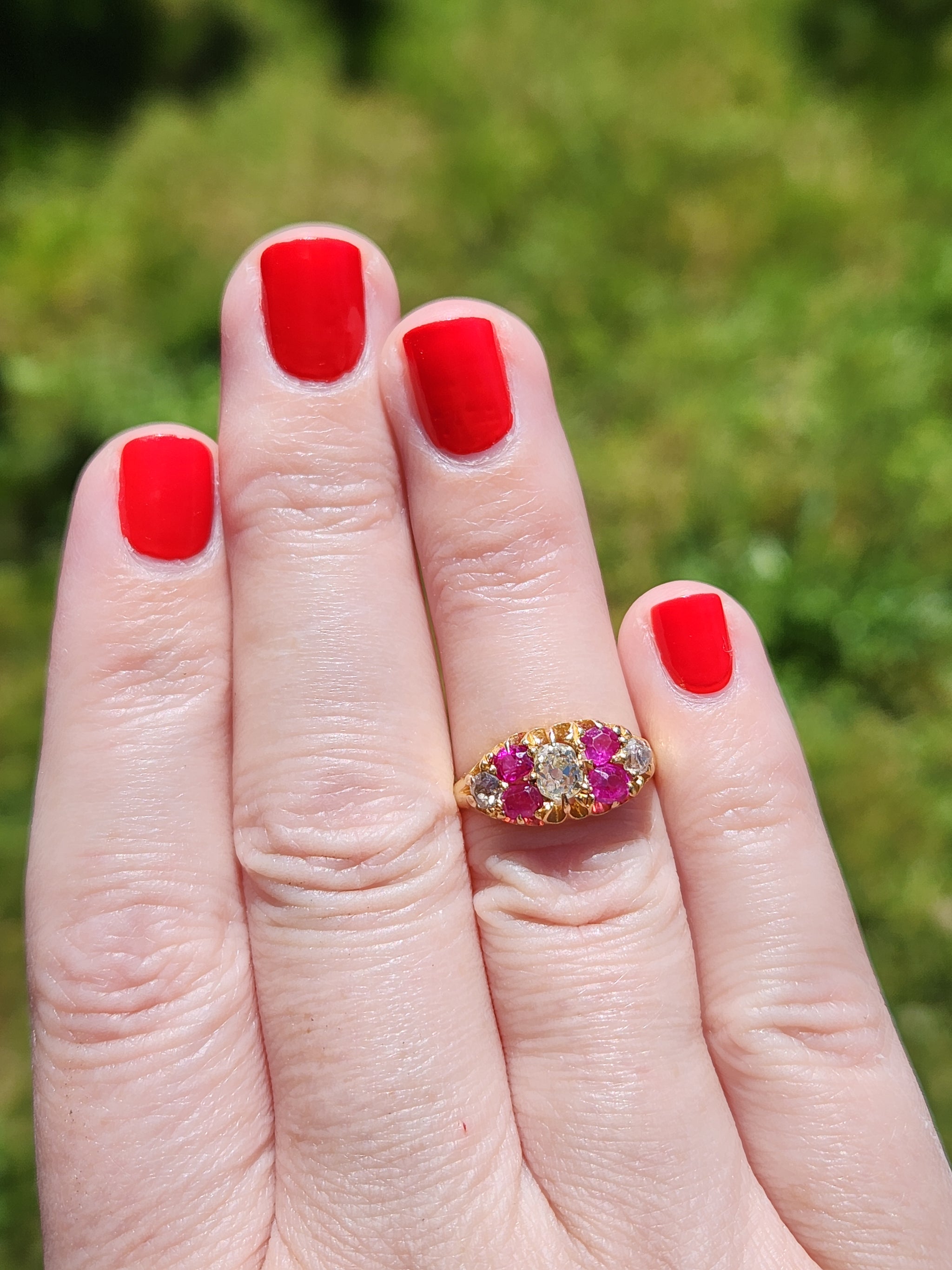 Antique Ruby and Old Mine Cut Diamond Band Ring in 18k Yellow Gold