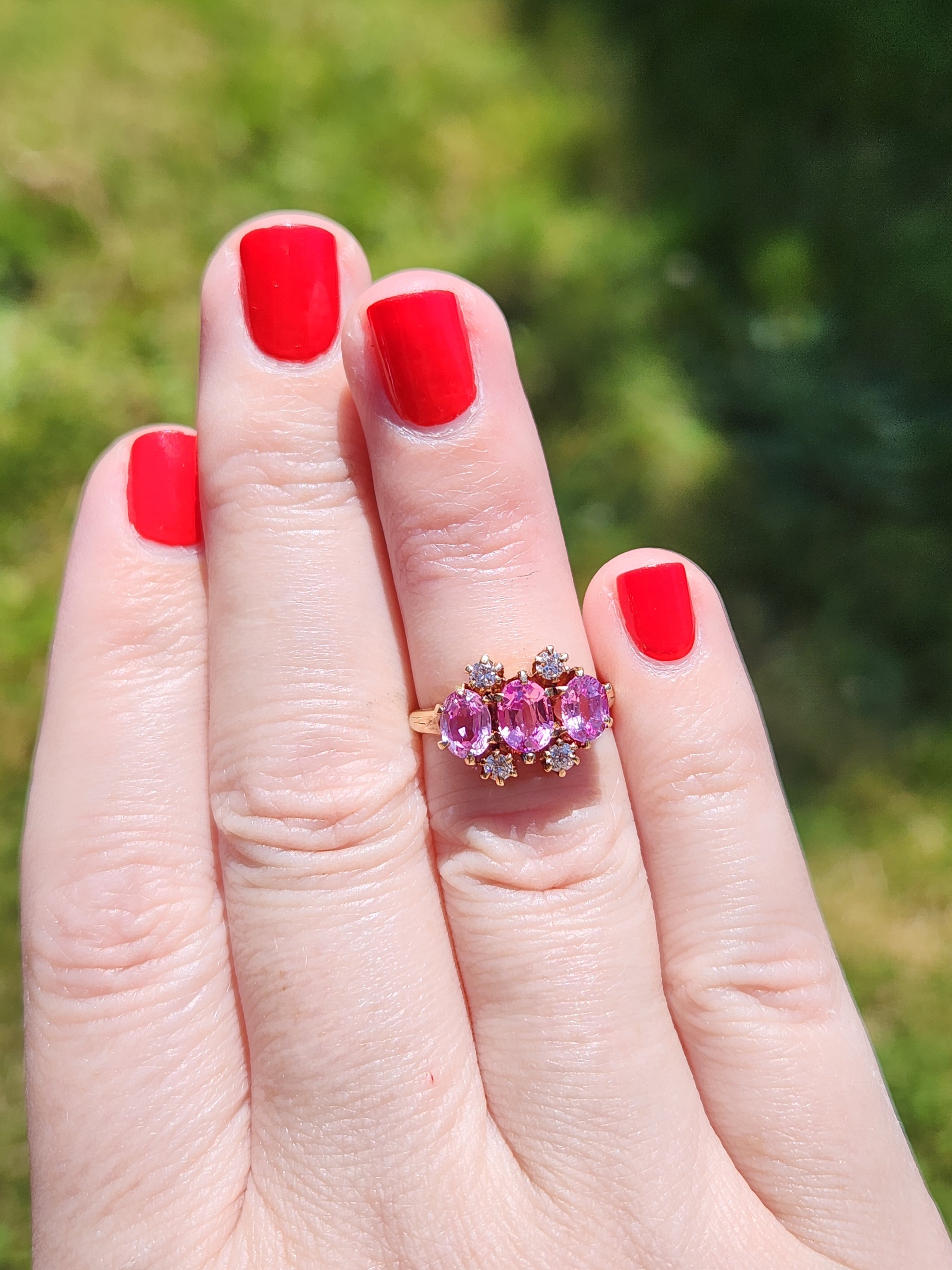 Victorian Pink Sapphire and Diamond Trilogy Three Stone Ring in 14k Rosy Gold