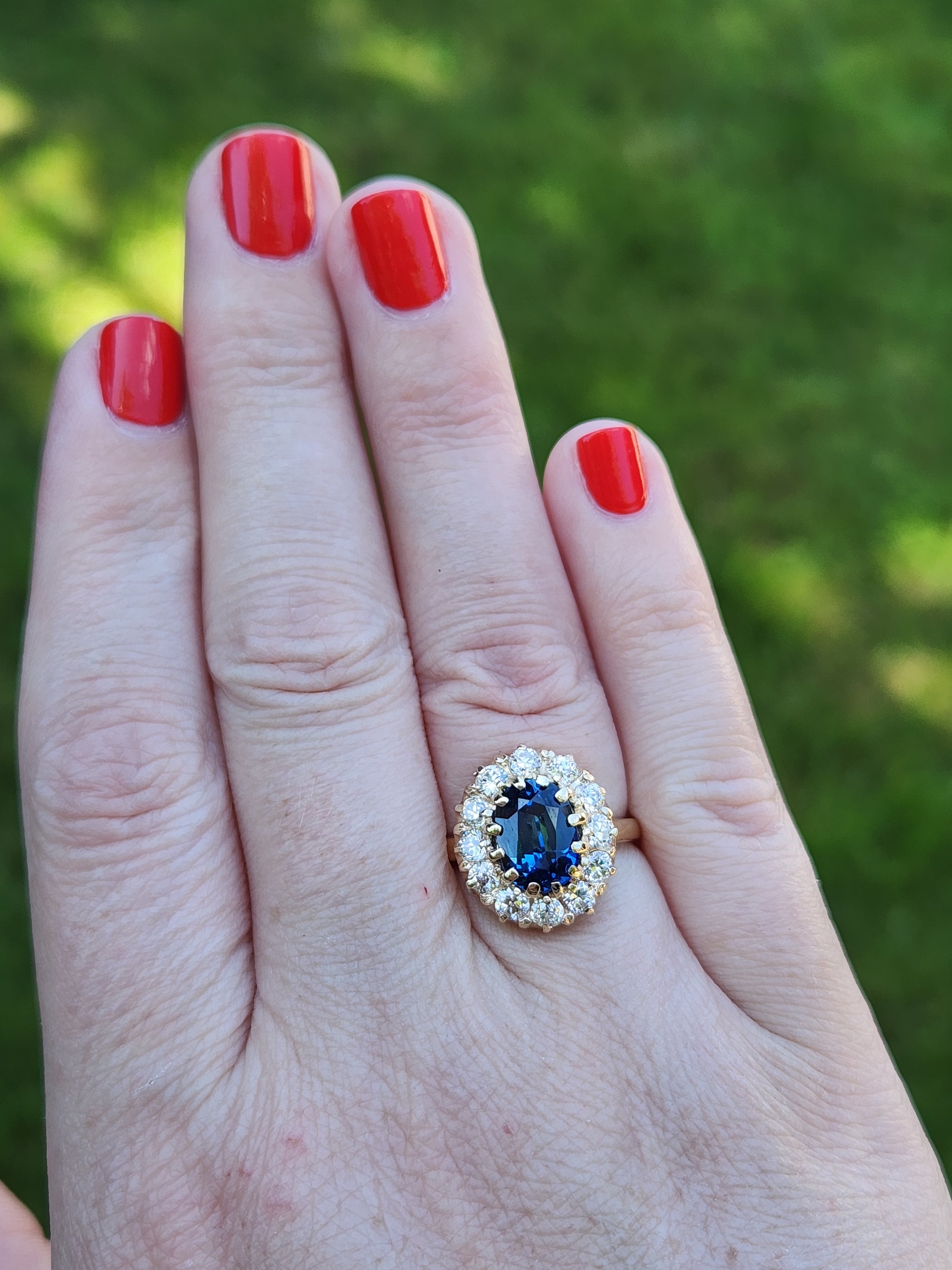 Antique Steely Blue Sapphire and Old European Cut Diamond Ring in 14k Yellow Gold