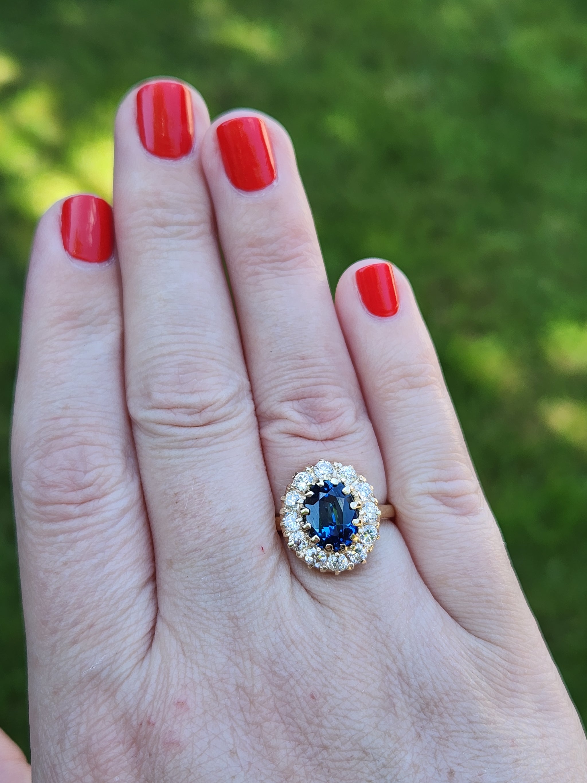 Antique Steely Blue Sapphire and Old European Cut Diamond Ring in 14k Yellow Gold