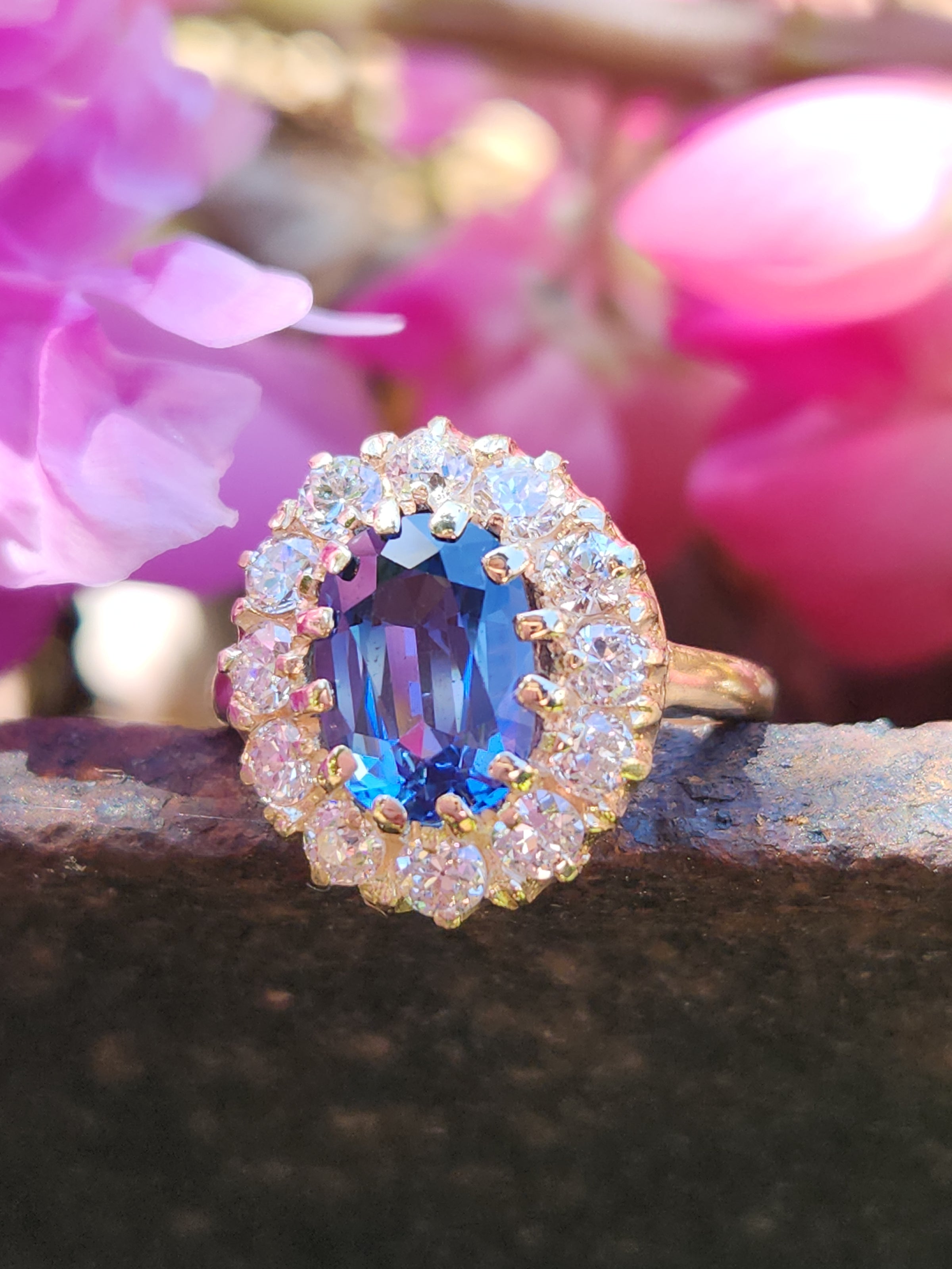 Antique Steely Blue Sapphire and Old European Cut Diamond Ring in 14k Yellow Gold
