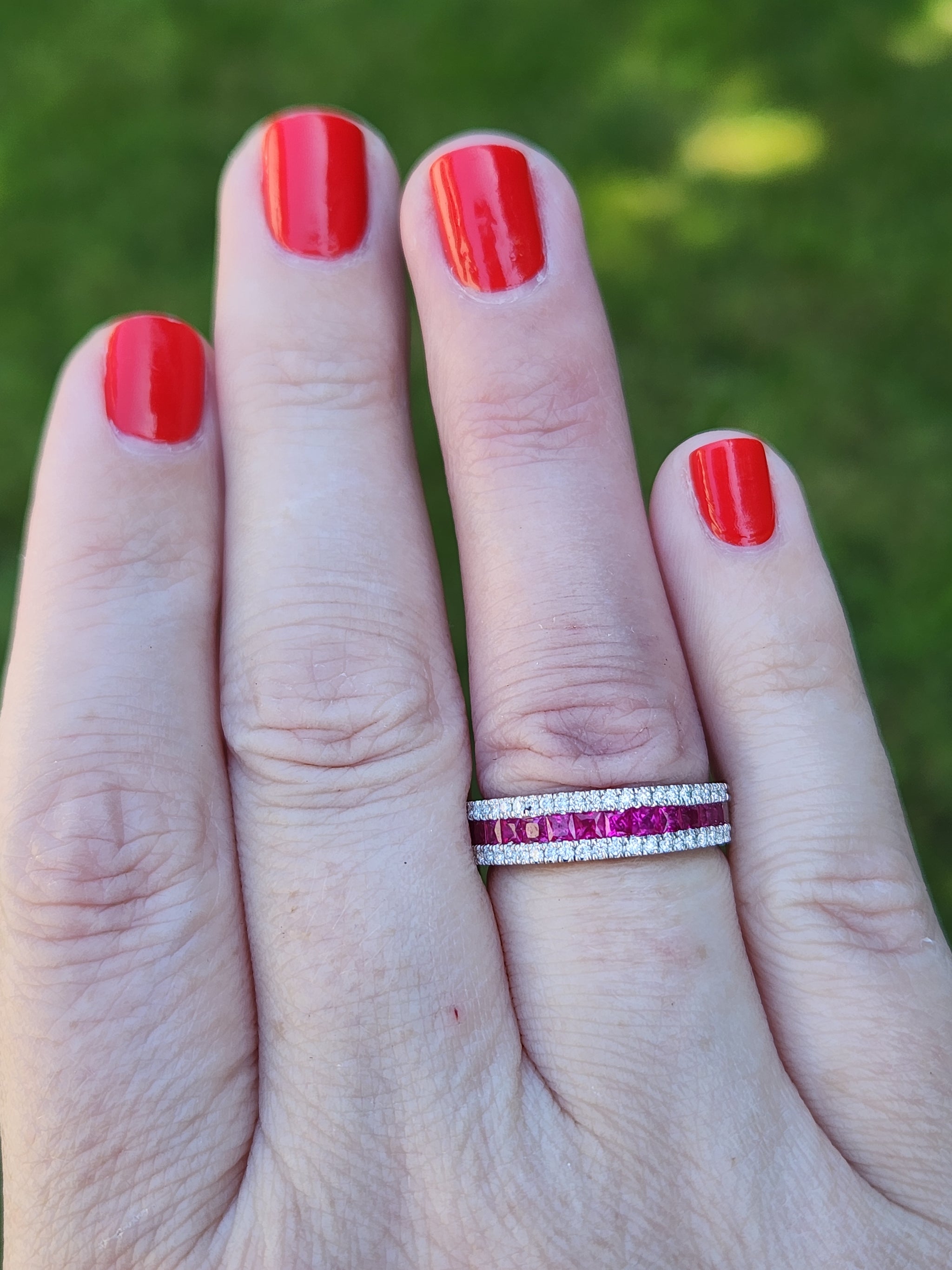 Striking Natural Ruby and Diamond Band Ring in 18k White Gold