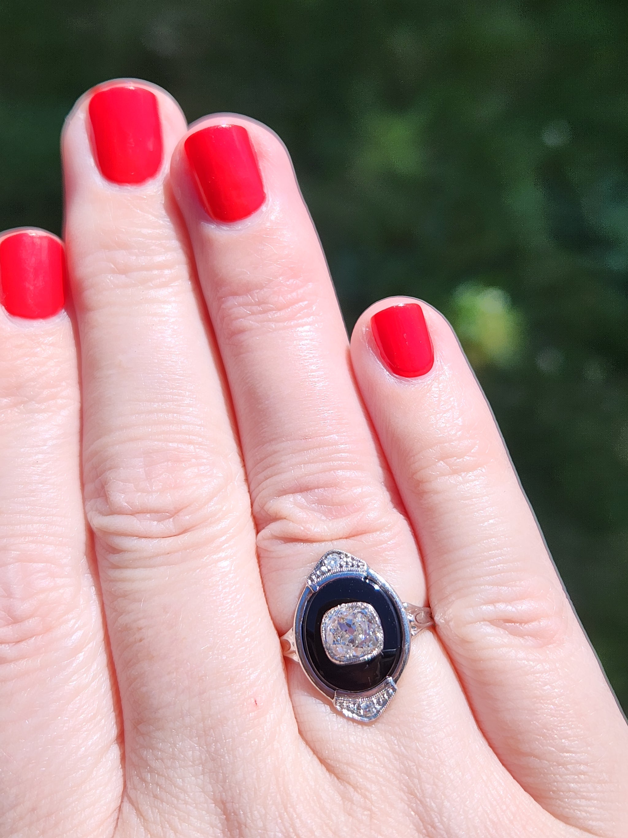Incredible Art Deco Old Mine Cut Diamond Onyx Ring in Platinum