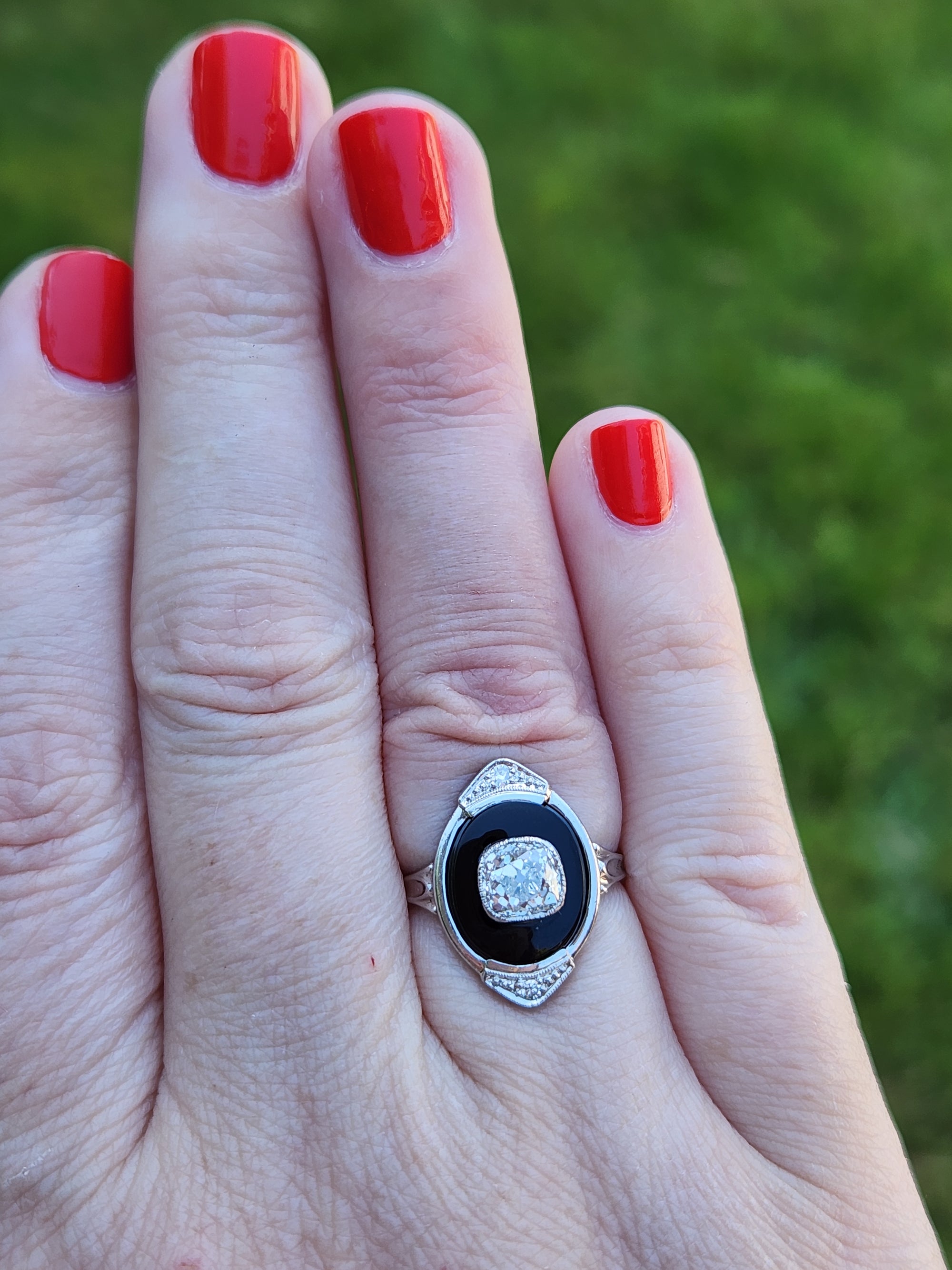Incredible Art Deco Old Mine Cut Diamond Onyx Ring in Platinum