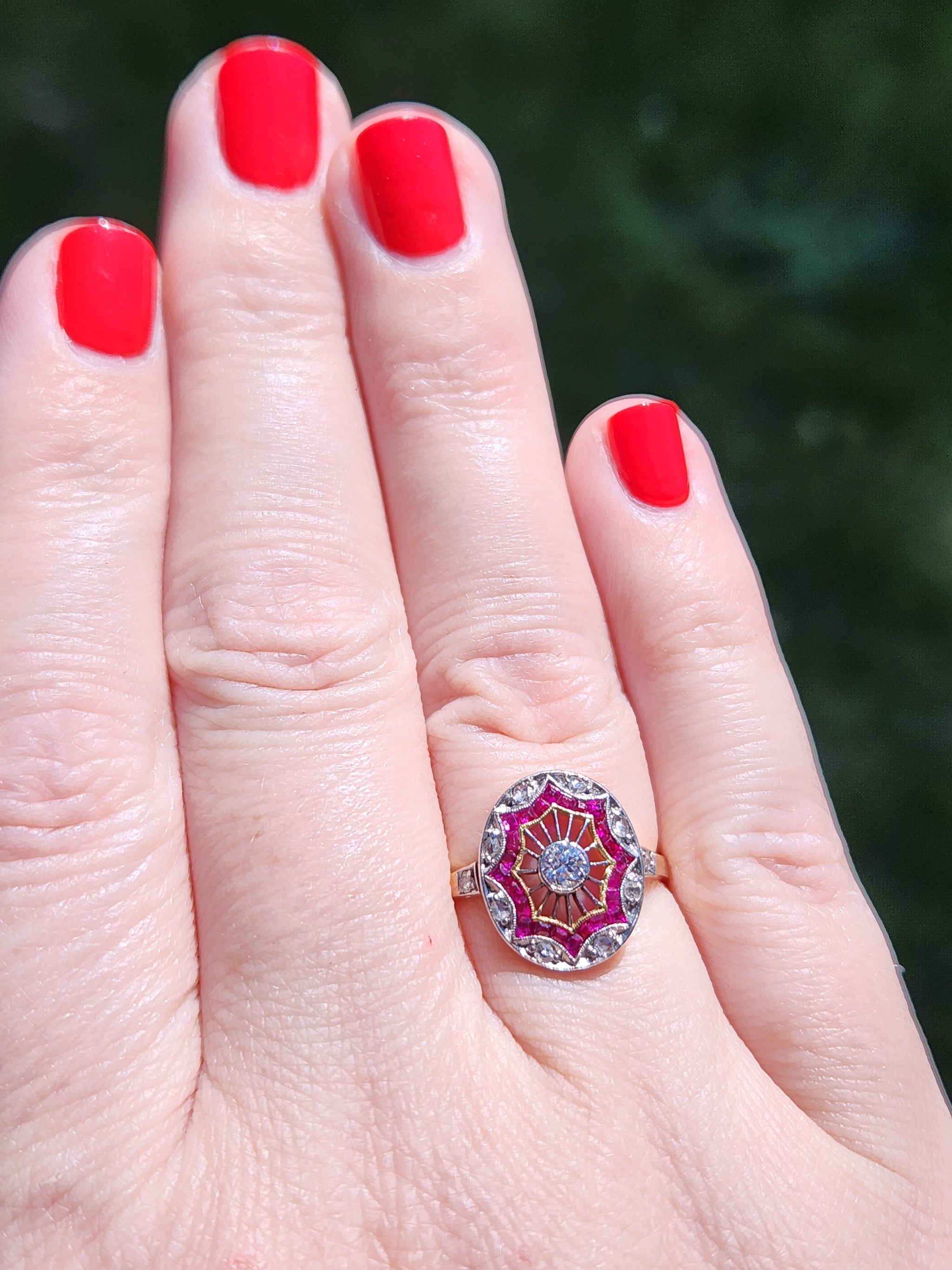 Edwardian Ruby and Old European Cut Diamond Wire Work Ring in 18k and Platinum