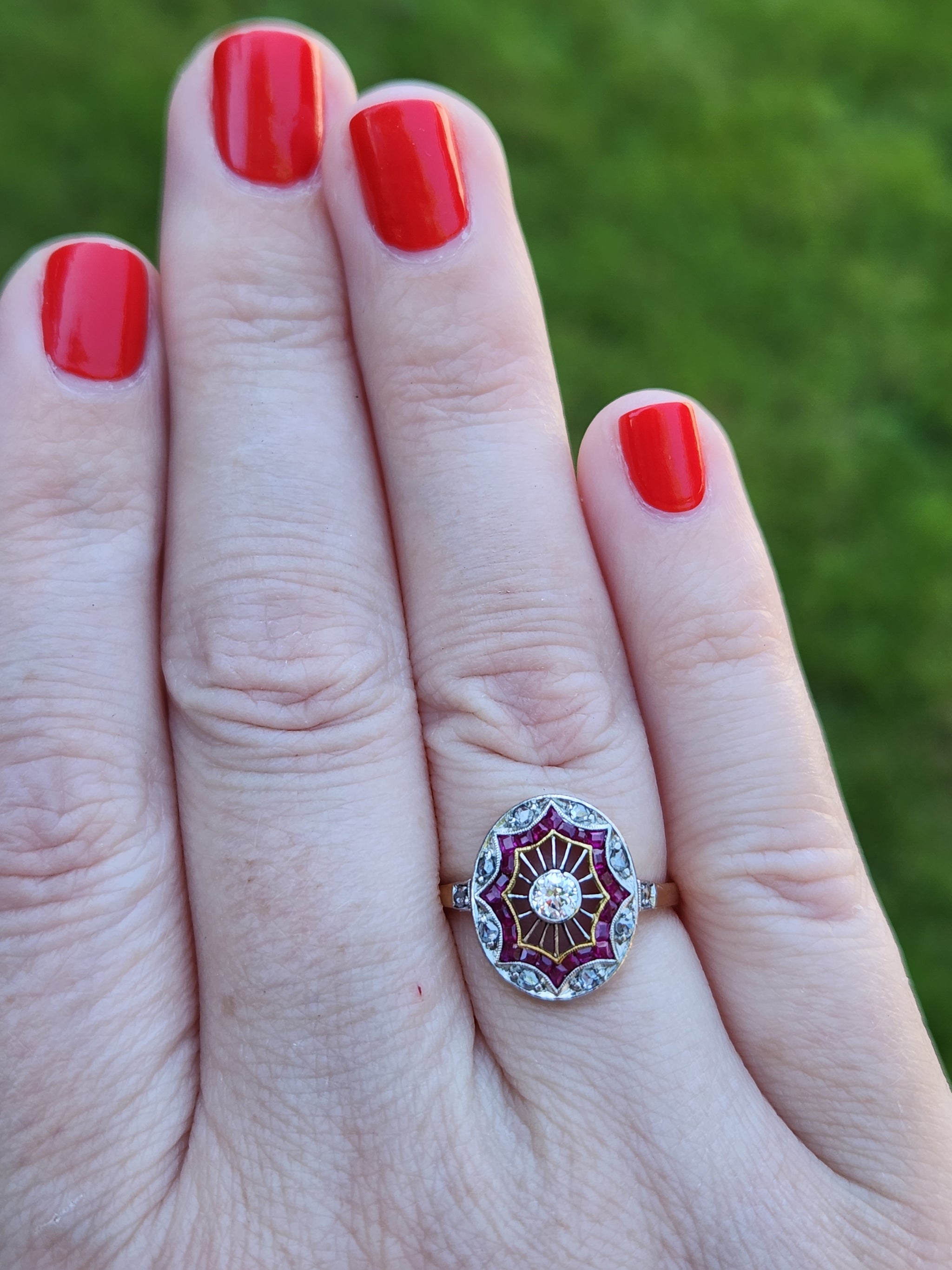 Edwardian Ruby and Old European Cut Diamond Wire Work Ring in 18k and Platinum