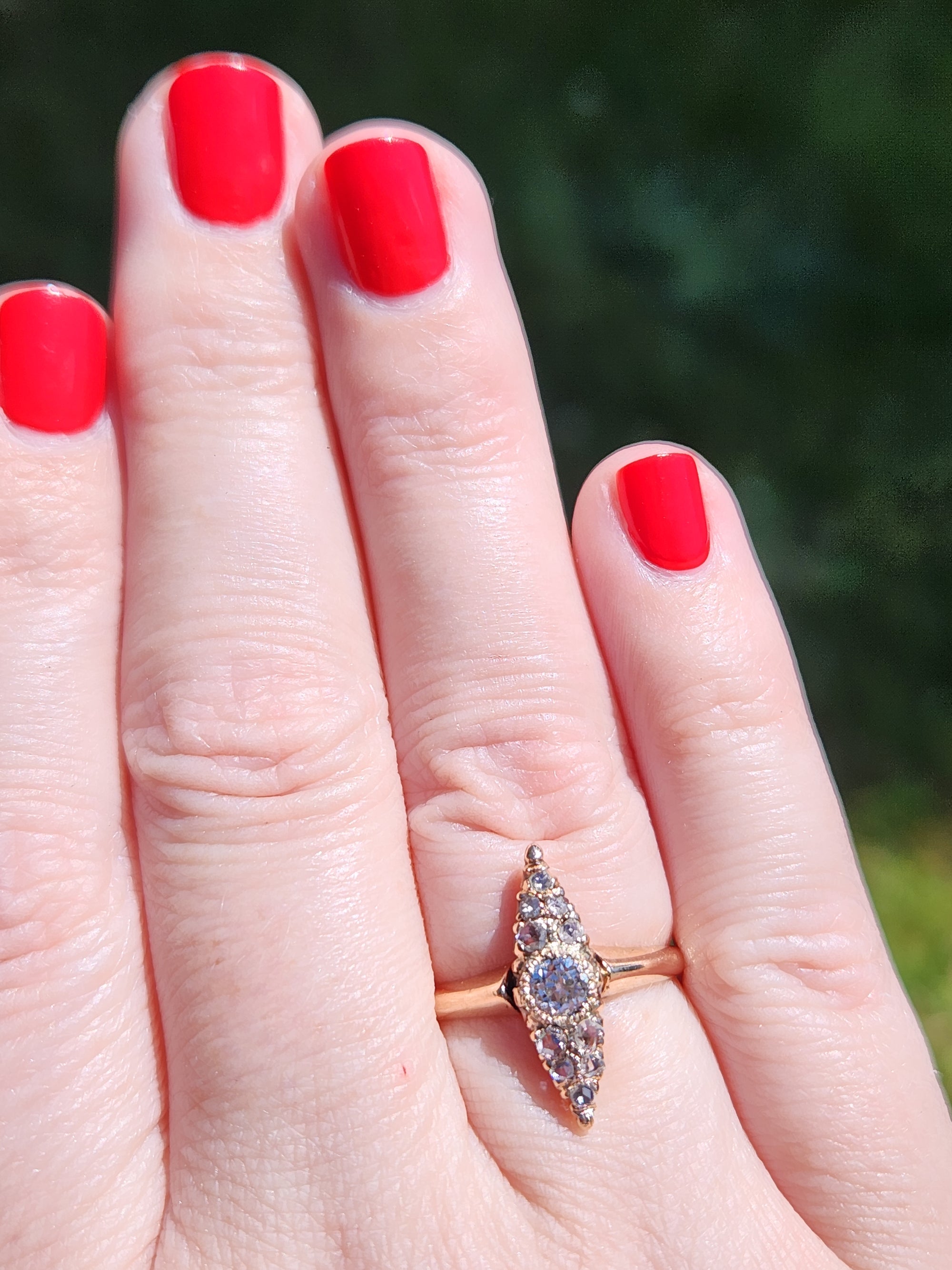 Antique Victorian Old Cut and Rose Cut Diamond Navette Ring in 14k Rosy Gold