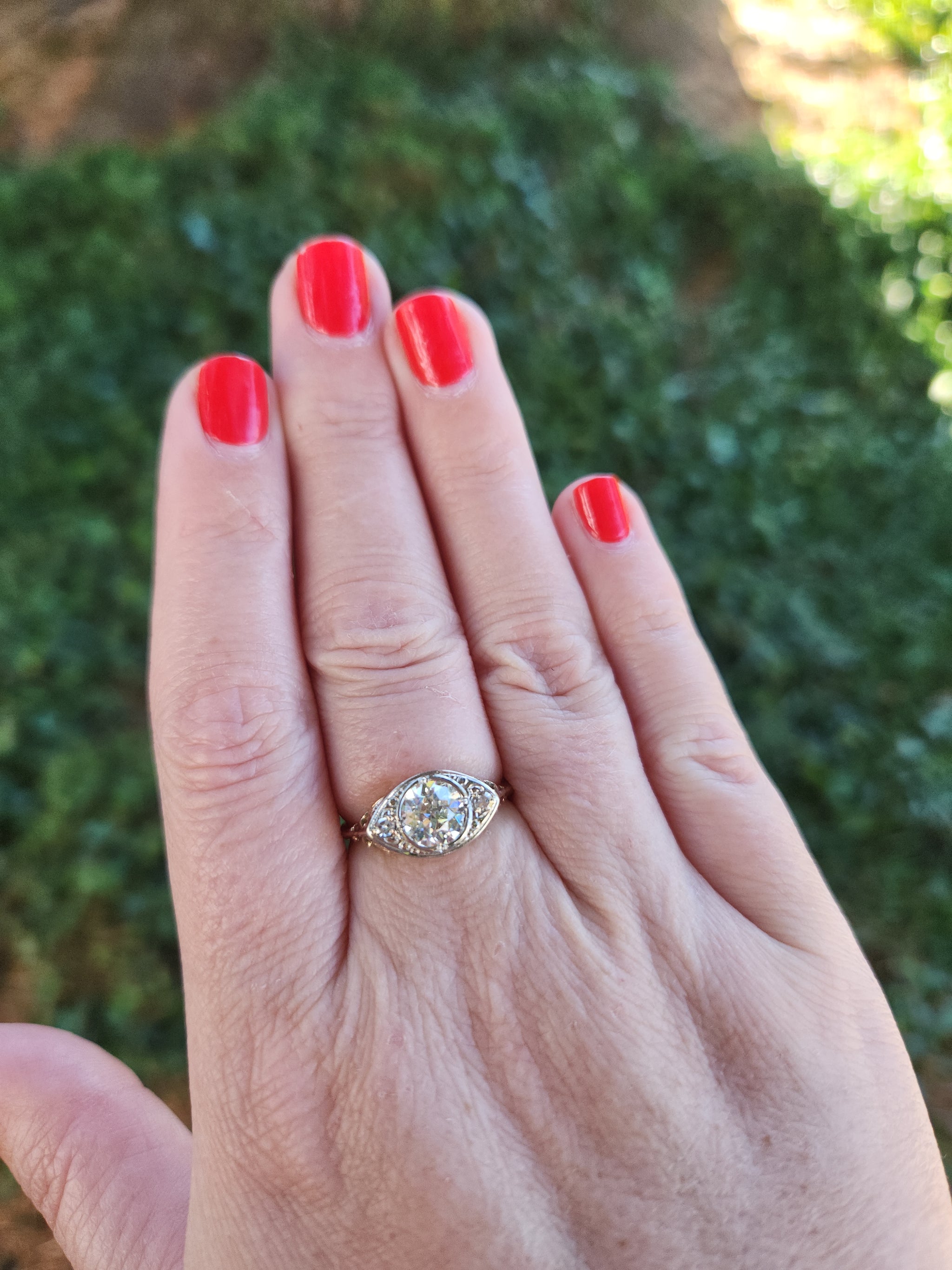 Sparkling Edwardian Old European Cut Diamond Three Stone Ring in 14k White and Yellow Gold