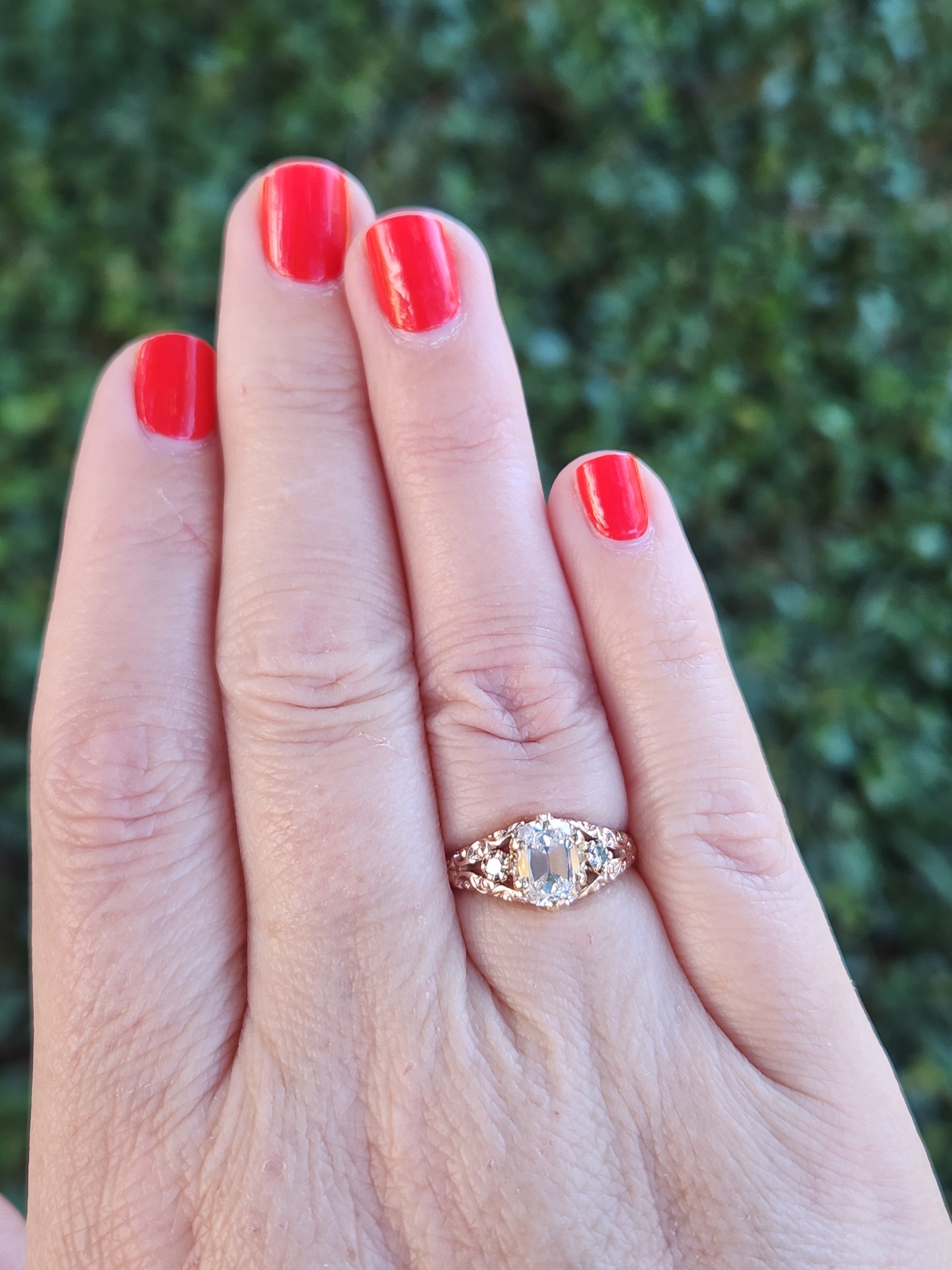 Victorian GIA Certified Elongated Old Mine Cut Diamond Ring in 14k Rosy Gold