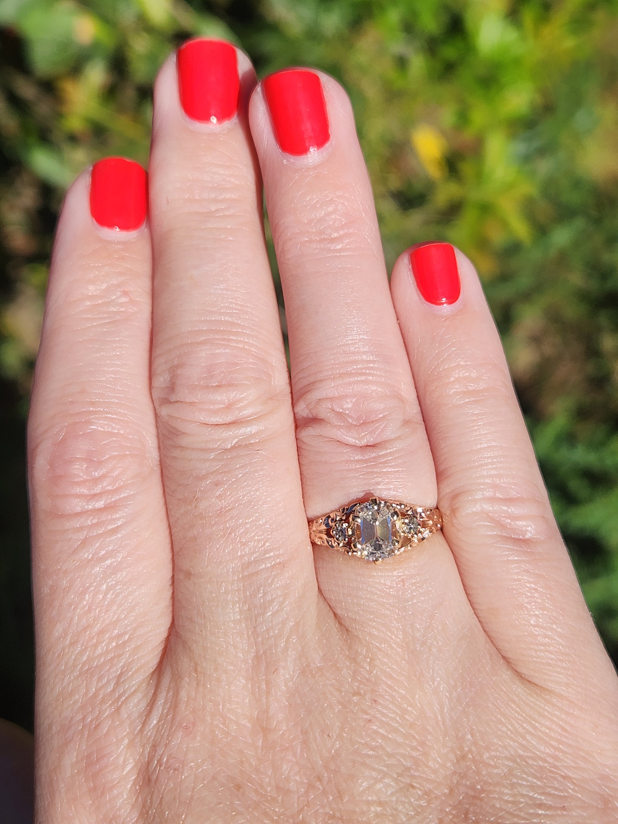 Victorian GIA Certified Elongated Old Mine Cut Diamond Ring in 14k Rosy Gold
