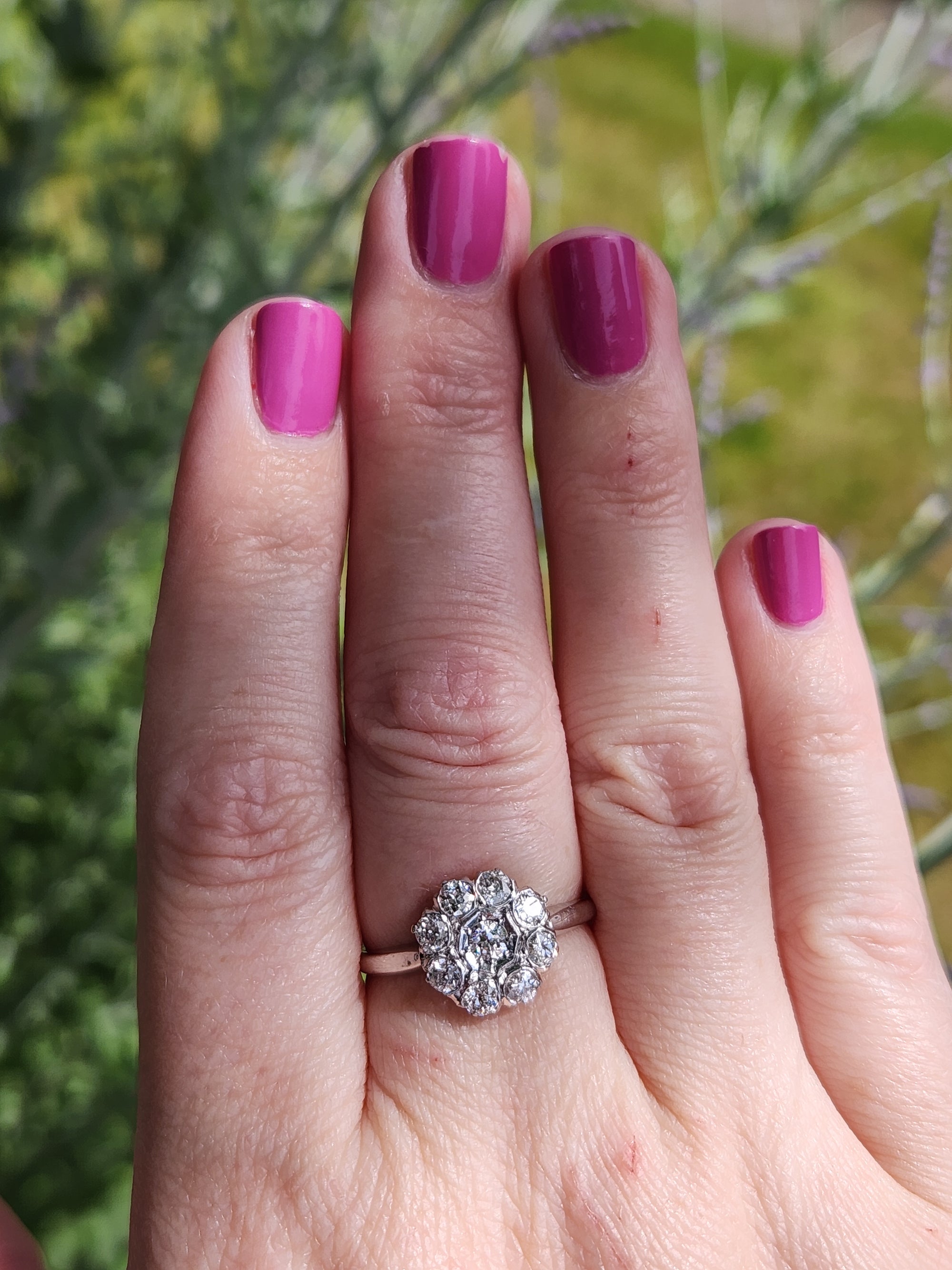 Old European Cut Diamond Daisy Target Cluster Ring in 18k White Gold