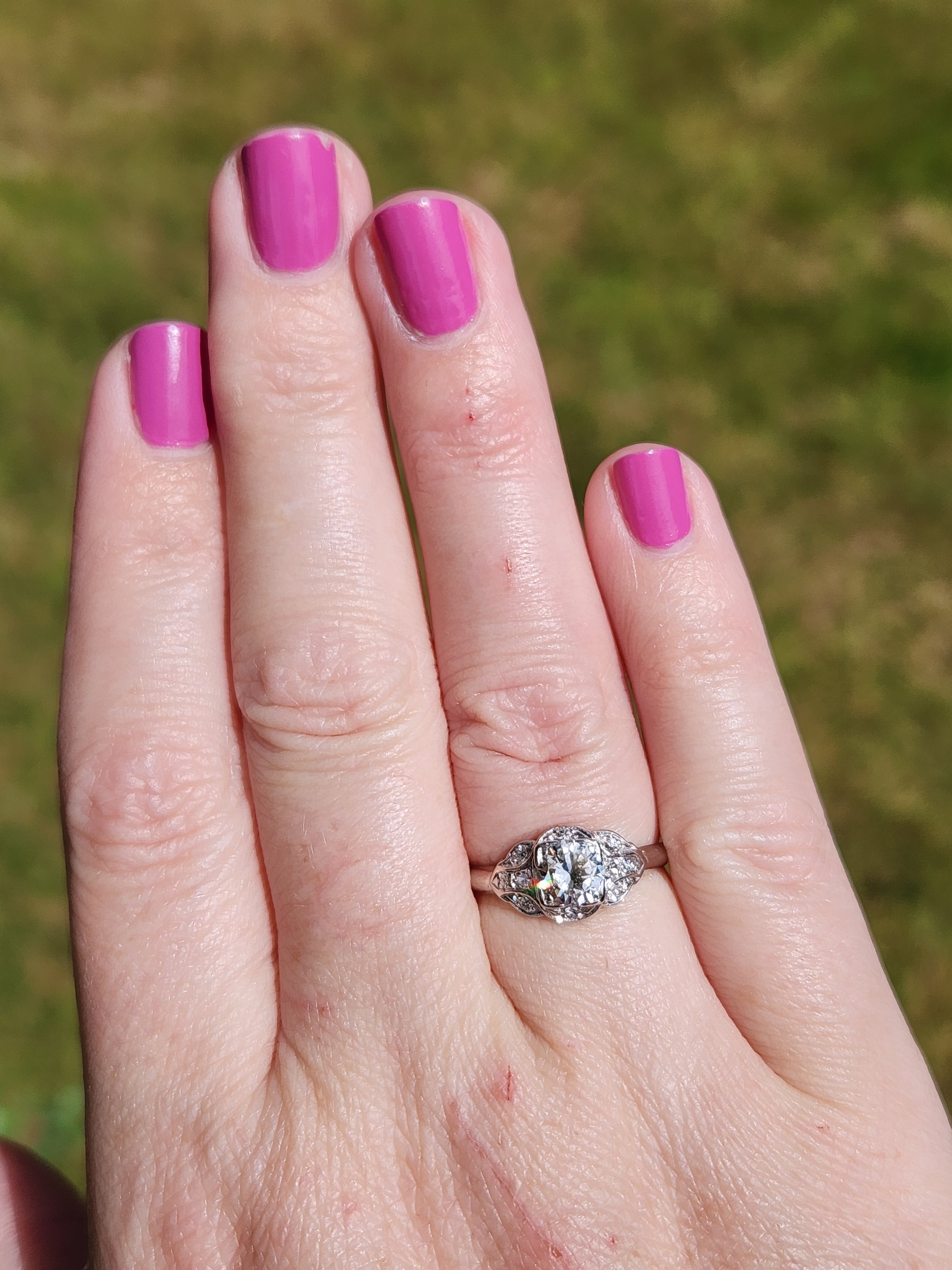 Late Art Deco Transitional Cut Diamond Scalloped Engagement Ring in Platinum
