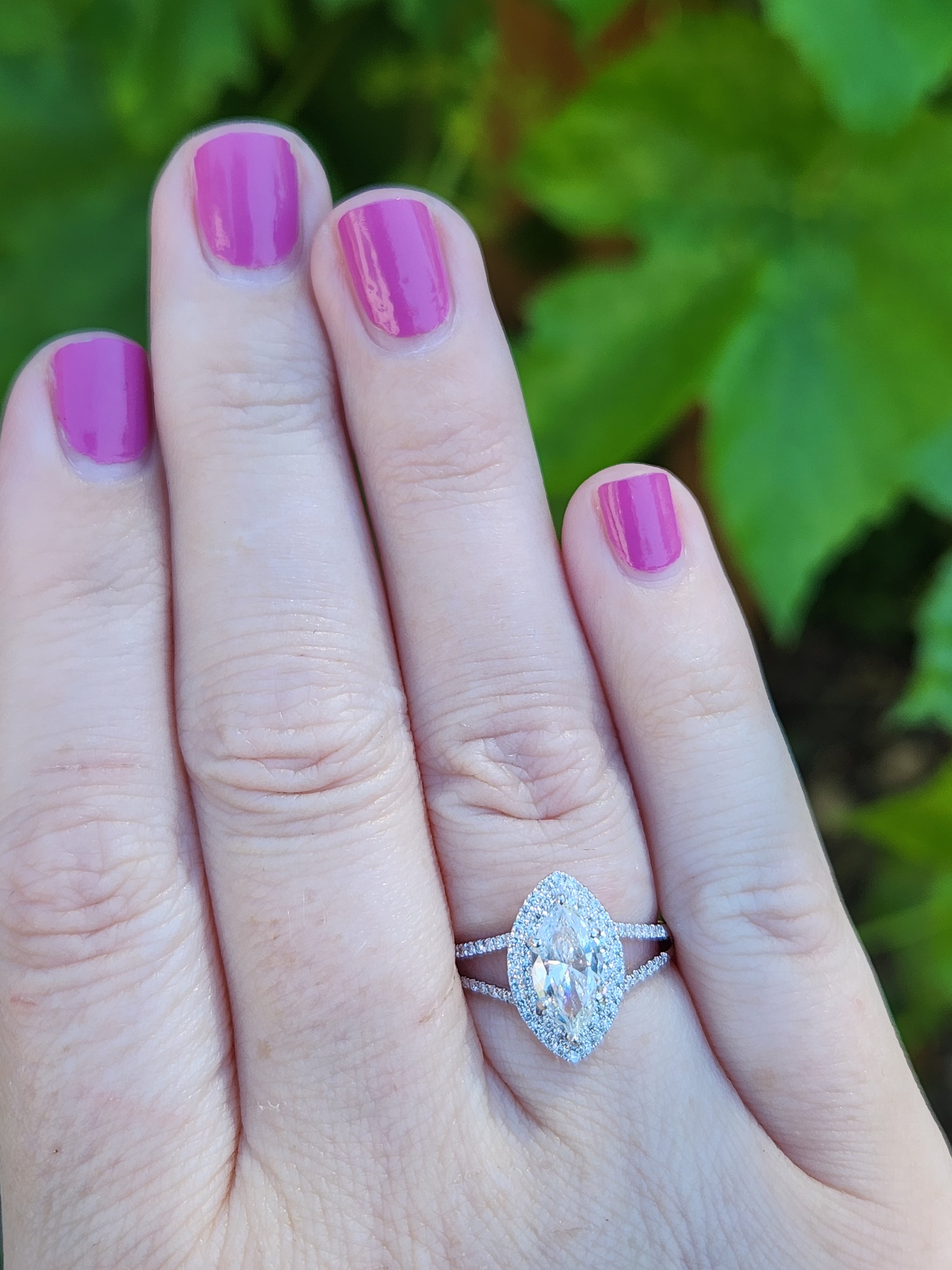 Sparkly GIA Certified Marquise Cut Diamond Halo Split Shank Engagement Ring in 18k White Gold