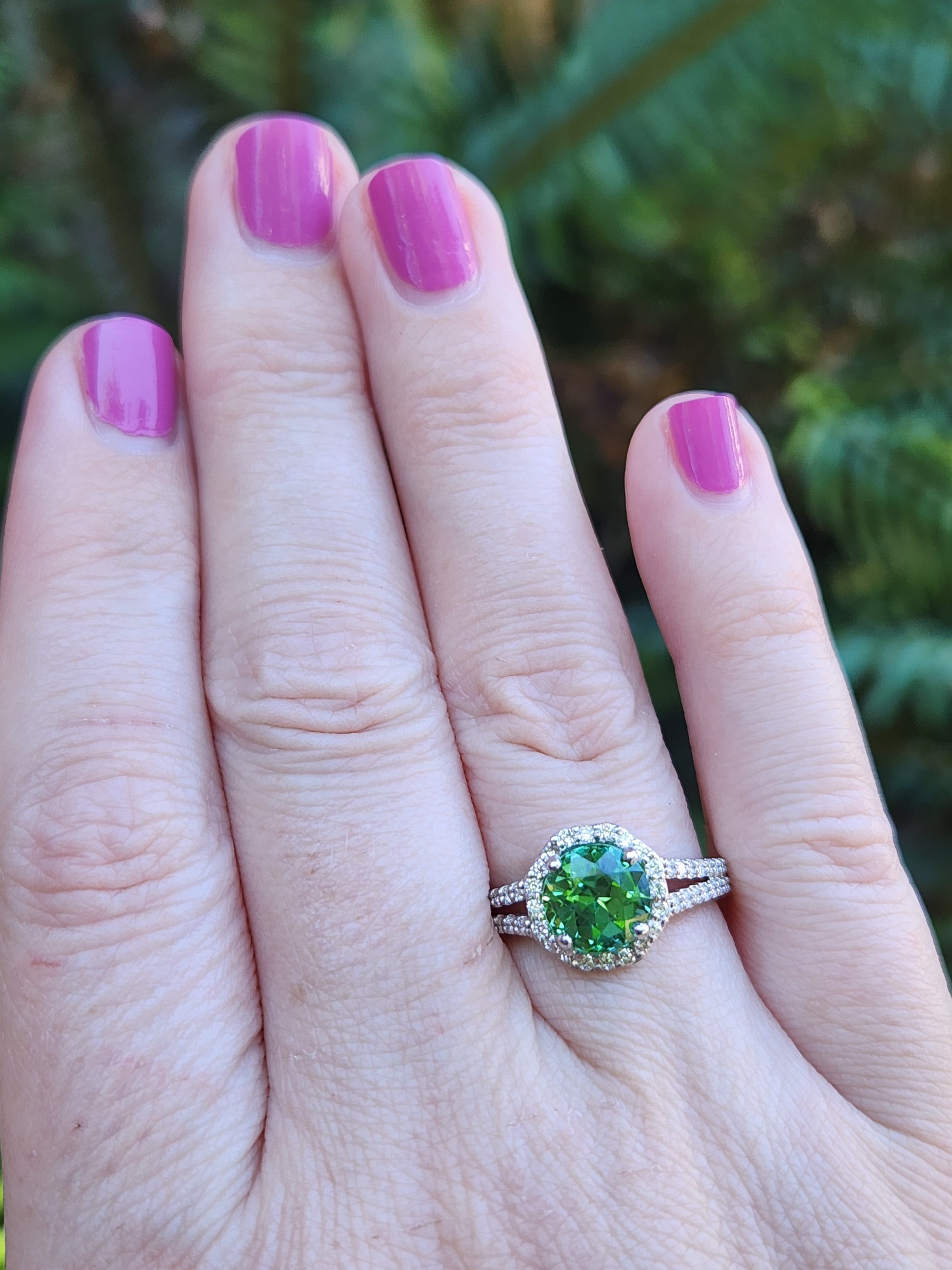 Exquisite Mint Green Tourmaline and Diamond Split Shank Ring in 14k White Gold