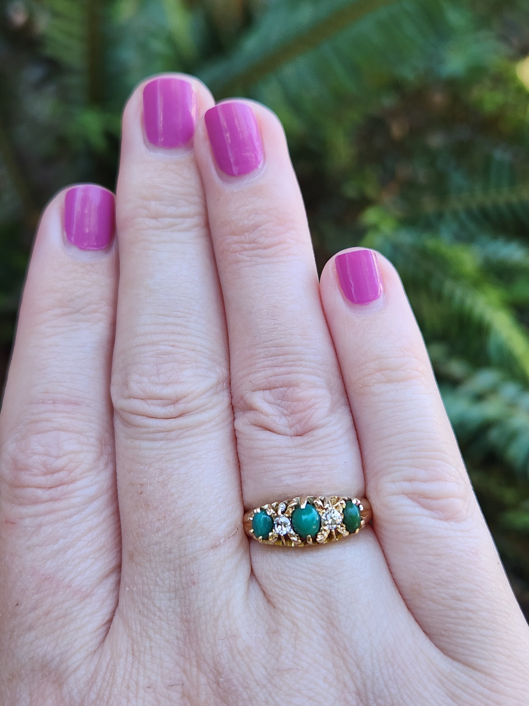 Victorian Turquoise and Old Mine Cut Diamond Five Stone Ring in 18k Yellow Gold