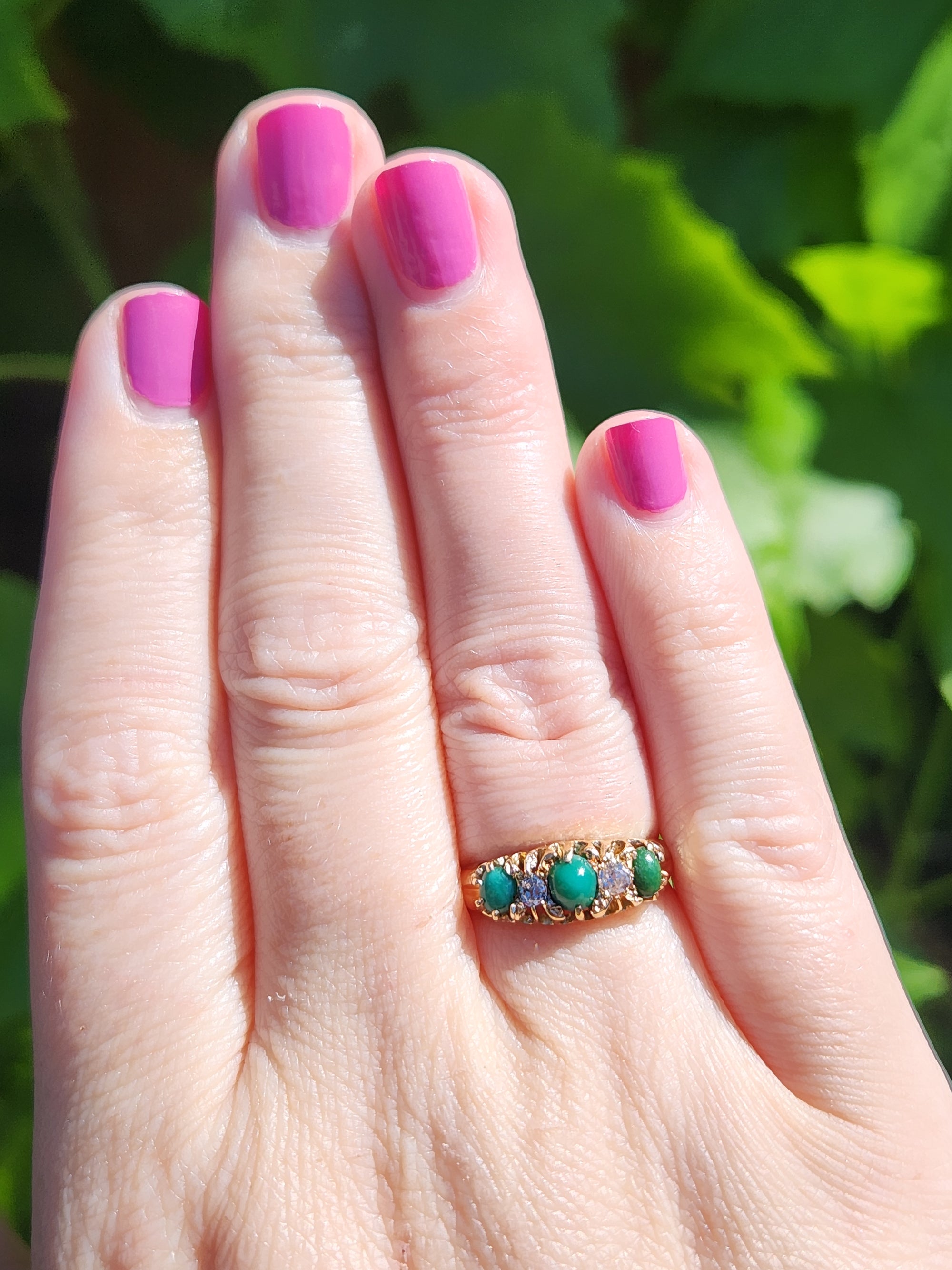 Victorian Turquoise and Old Mine Cut Diamond Five Stone Ring in 18k Yellow Gold