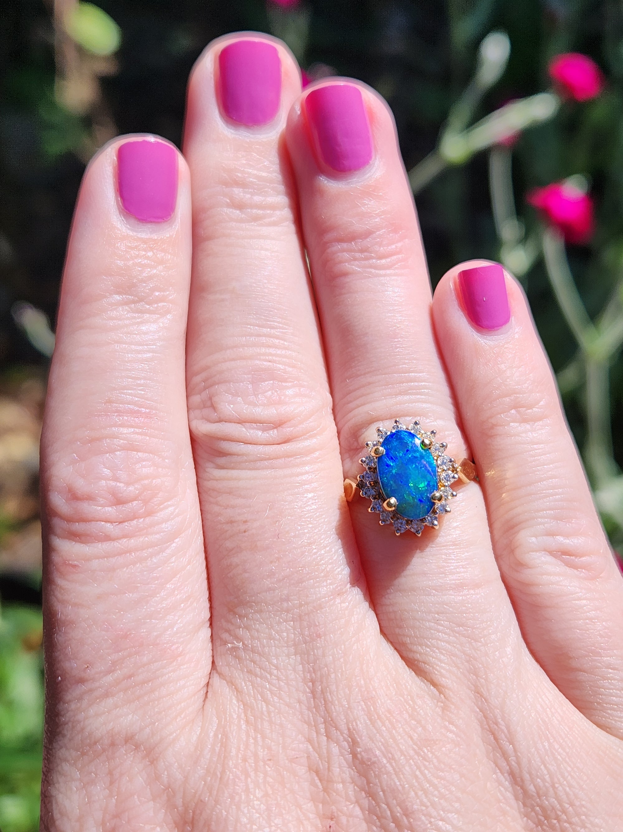Vintage Blue & Green Boulder Opal and Diamond Ring in 18k Yellow Gold