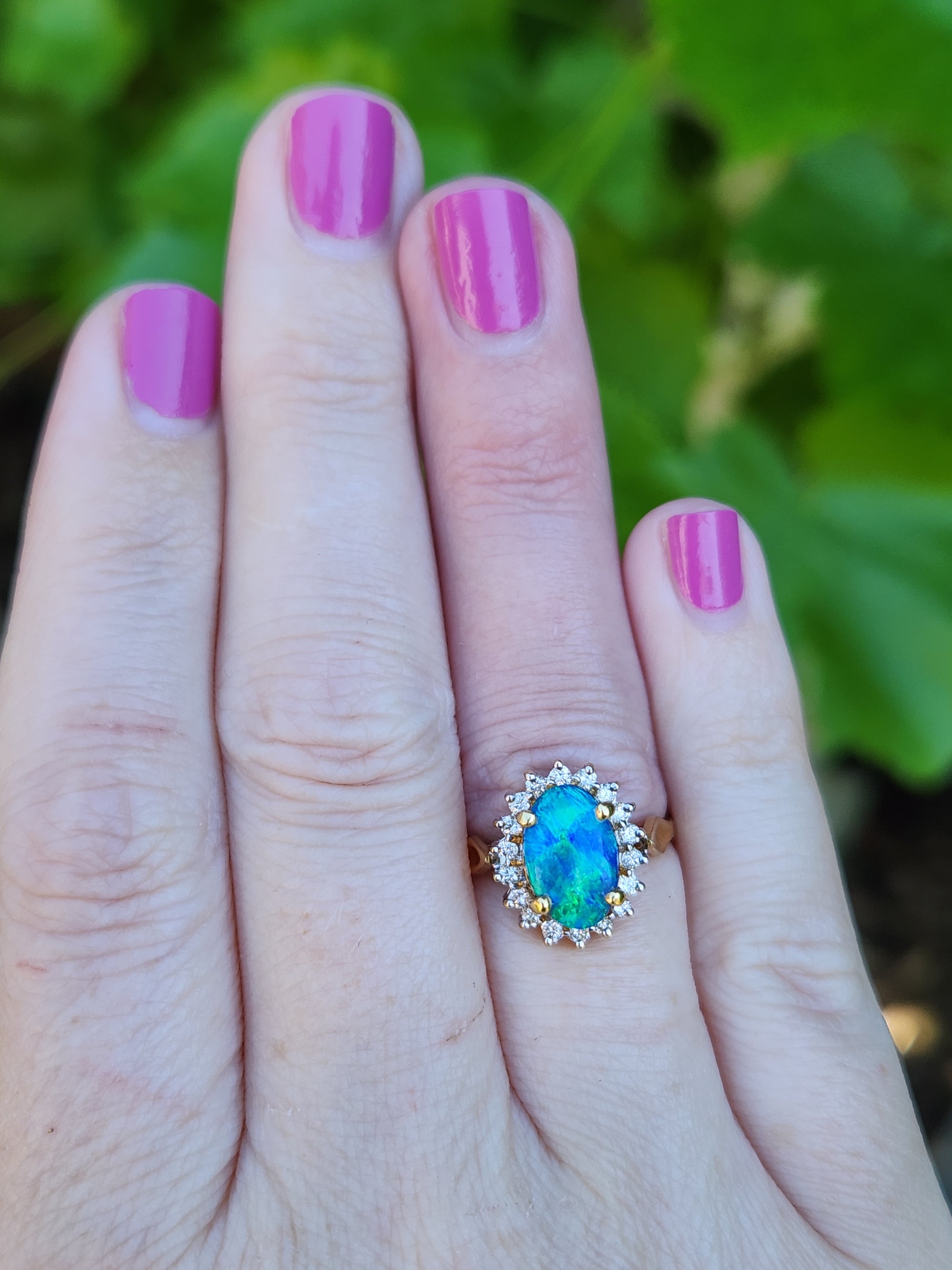 Vintage Blue & Green Boulder Opal and Diamond Ring in 18k Yellow Gold