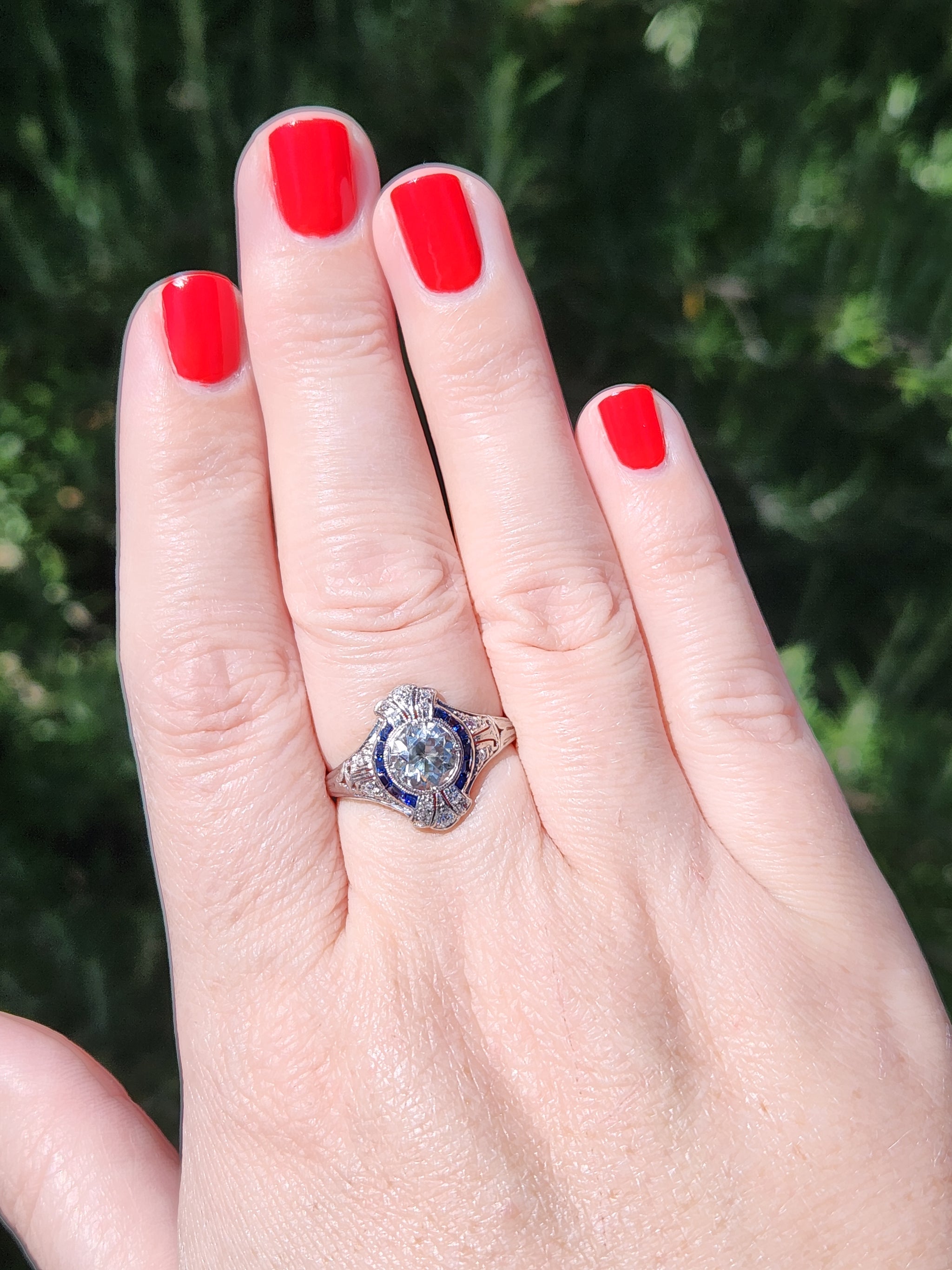 Dazzling Art Deco Old European Cut Diamond and Sapphire Engagement Ring in Platinum