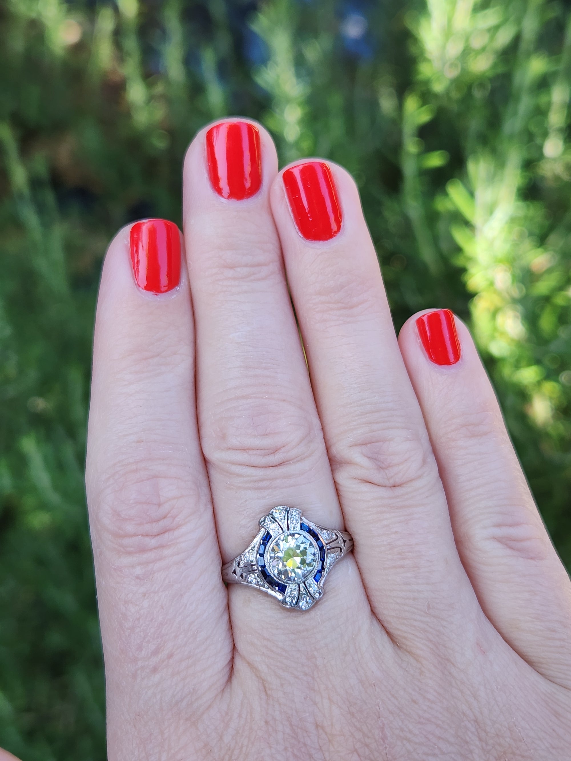 Dazzling Art Deco Old European Cut Diamond and Sapphire Engagement Ring in Platinum