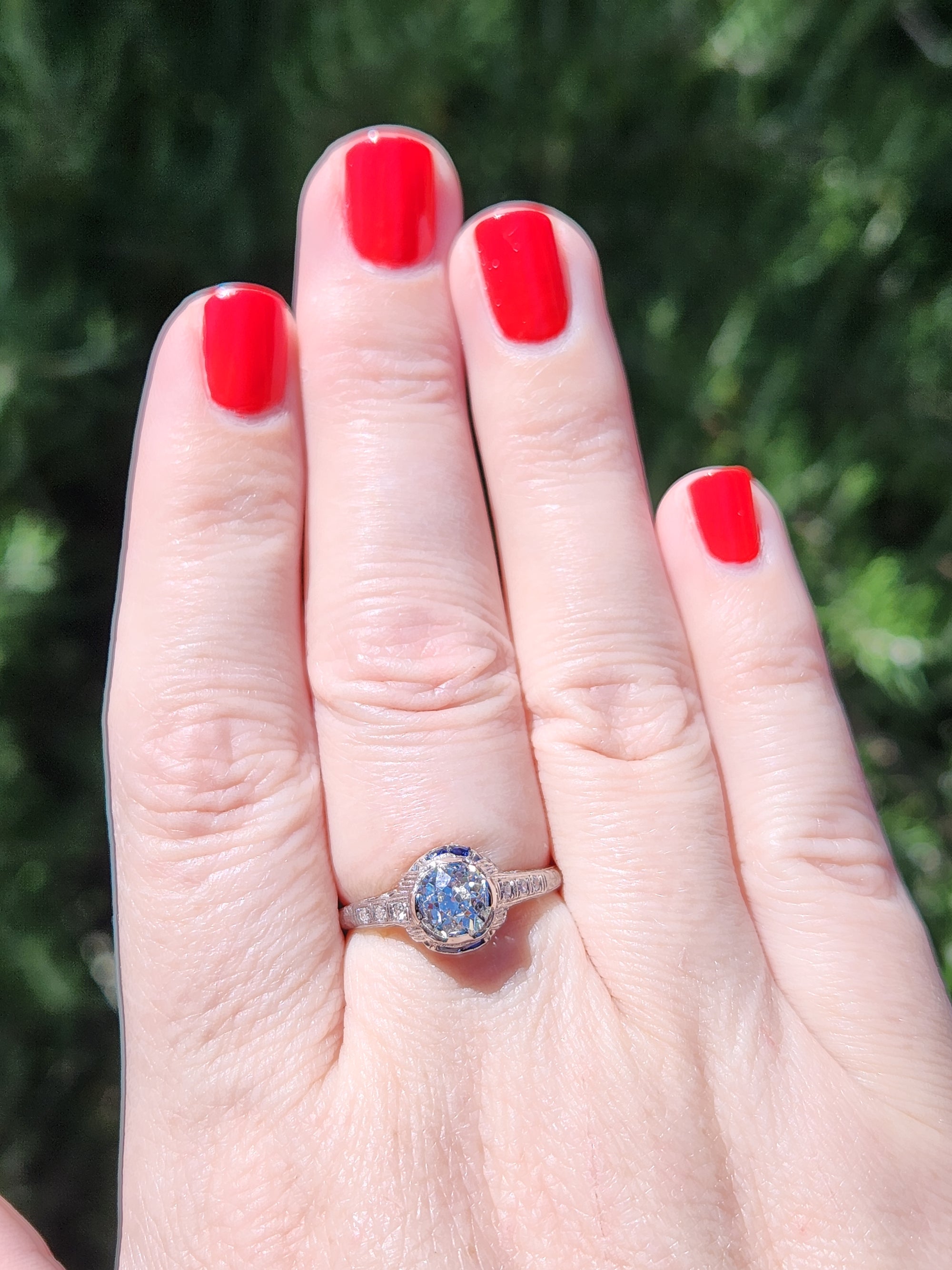 Art Deco Old European Cut Diamond & Sapphire Filigree Engagement Ring in Platinum