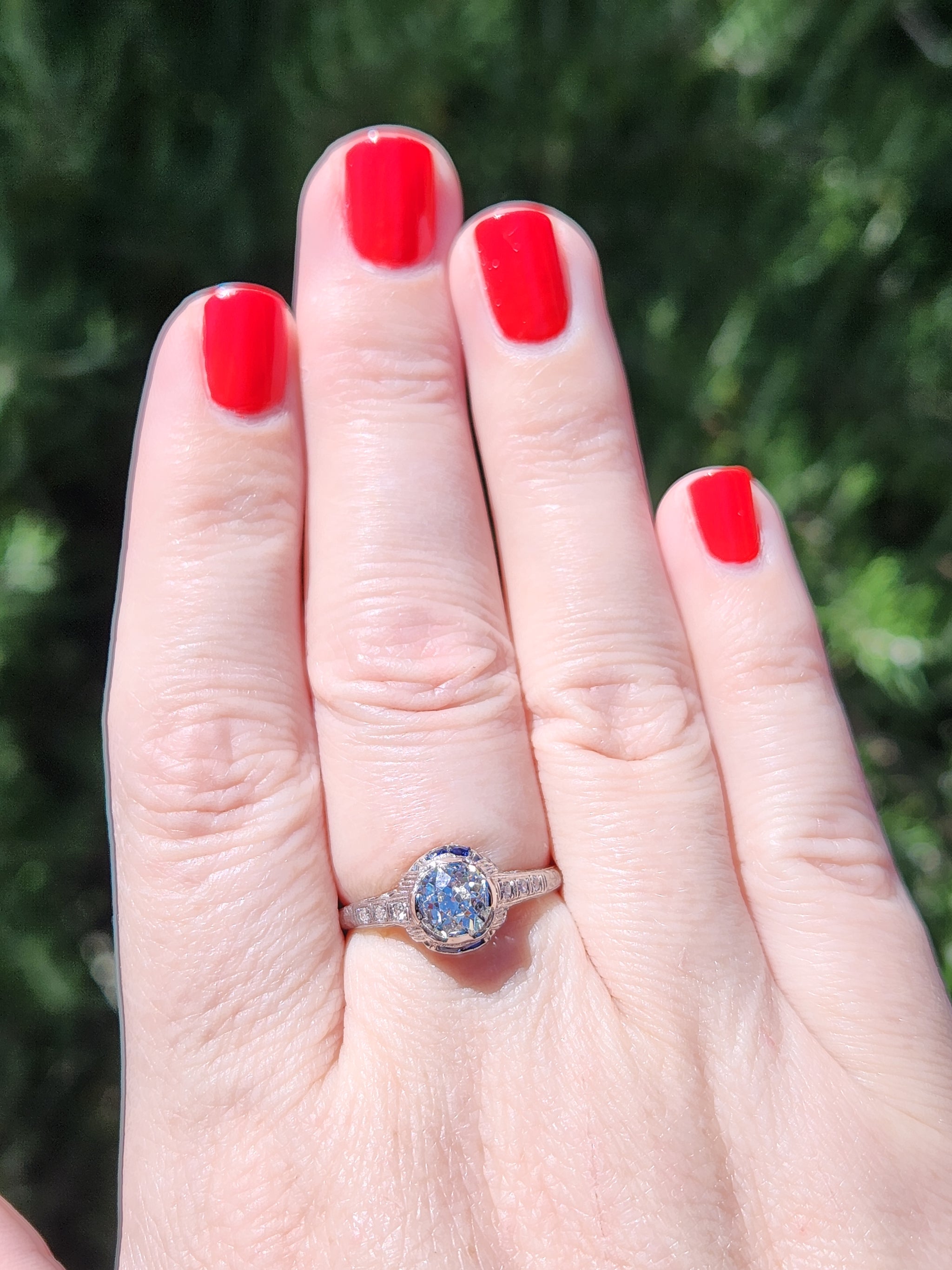 Art Deco Old European Cut Diamond & Sapphire Filigree Engagement Ring in Platinum