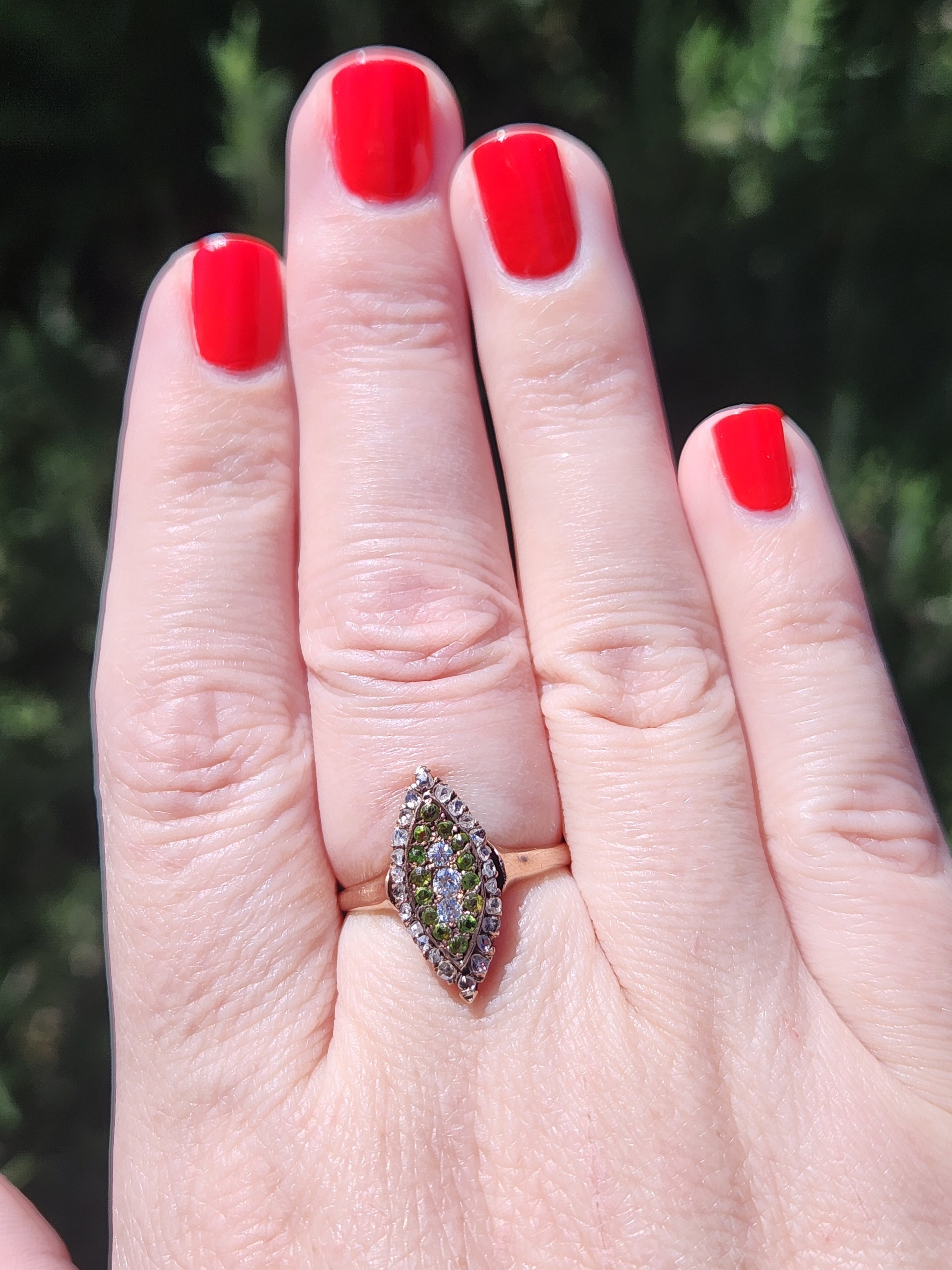 Victorian Old Mine Rose Cut Diamond & Demantoid Garnet Navette Ring in 10k Rose Gold
