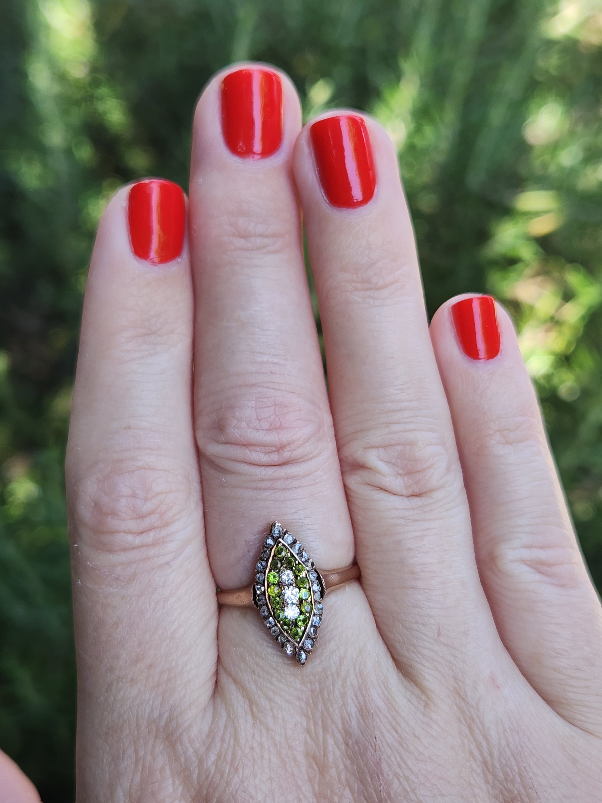 Victorian Old Mine Rose Cut Diamond & Demantoid Garnet Navette Ring in 10k Rose Gold
