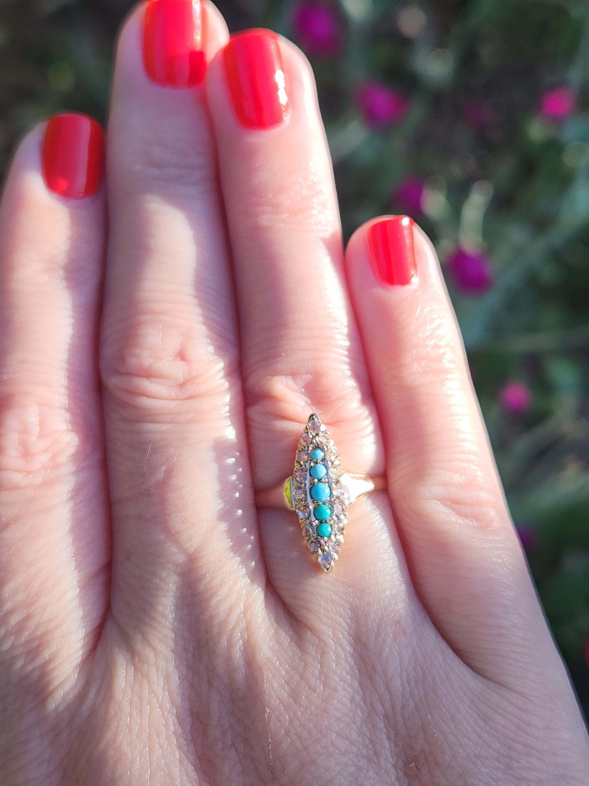 Victorian Turquoise and Rose Cut Diamond Navette Ring in 14k Rose Gold