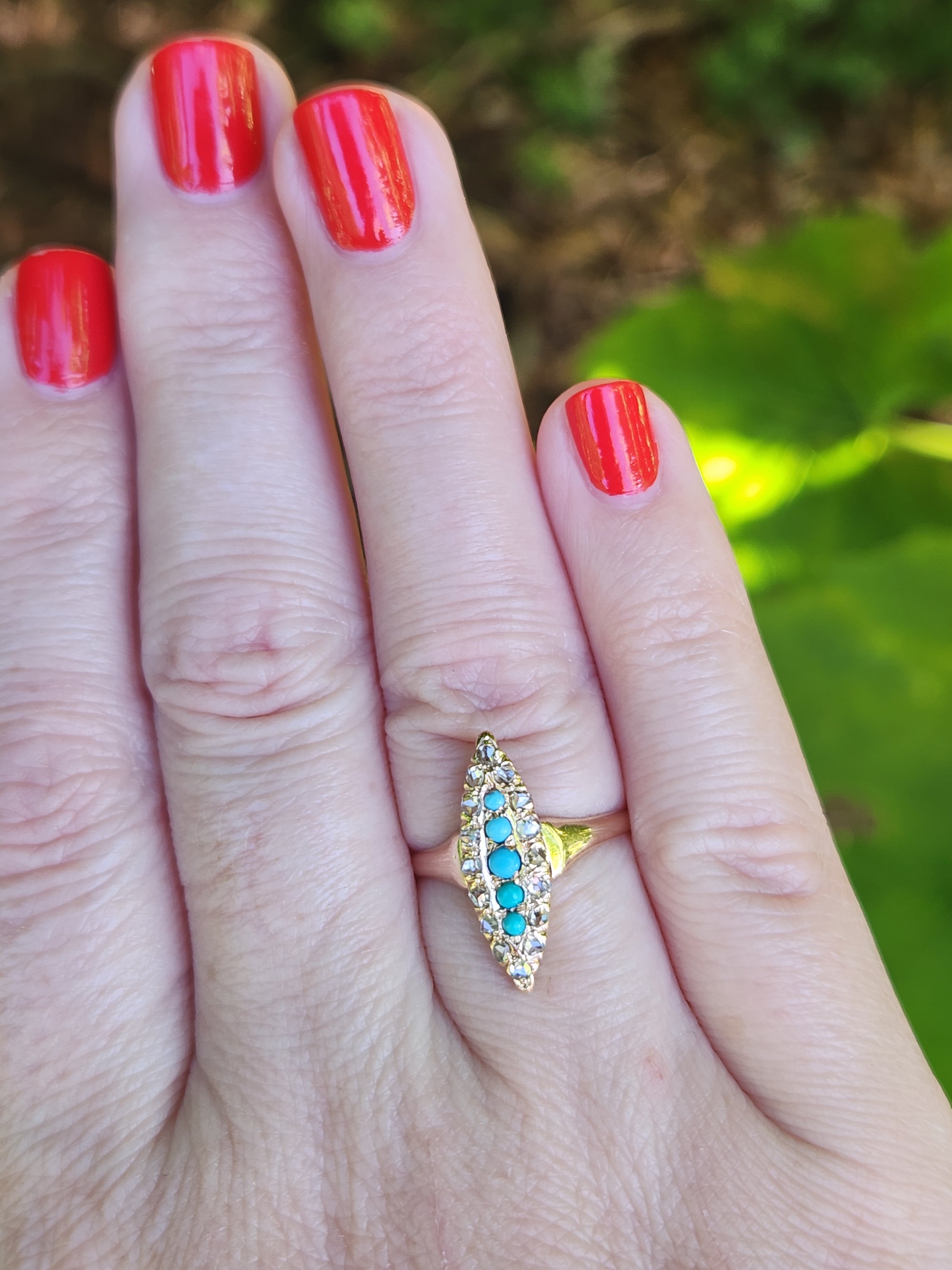 Victorian Turquoise and Rose Cut Diamond Navette Ring in 14k Rose Gold